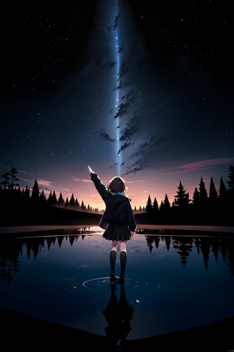  best quality, amazing quality, very aesthetic,1girl, sky, star_\(sky\), solo, skirt, cloud, socks, starry_sky, school_uniform, outstretched_arms, outdoors, short_hair, kneehighs, scenery, long_sleeves, from_behind, jacket, black_socks, spread_arms, pleated_skirt, reflection, brown_hair, building, tree, facing_away, black_jacket, floating, blazer, black_skirt, night, no_shoes, black_hair