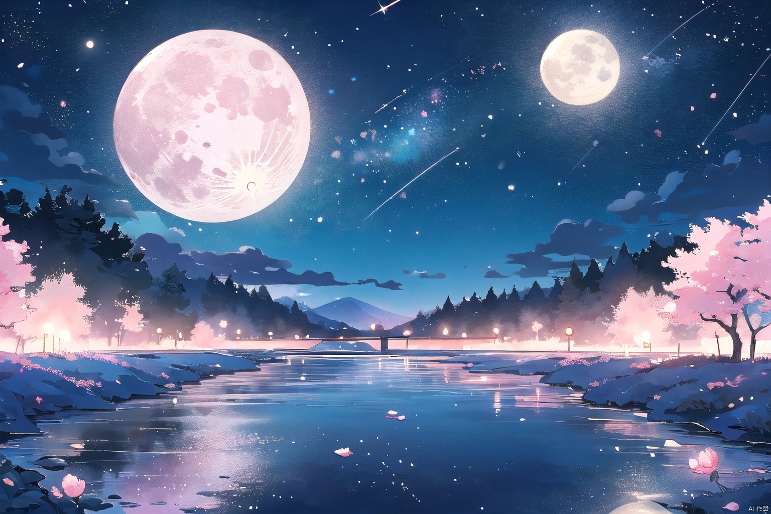  moon,outdoors,full moon,night,flower,cherry blossoms,sky,tree,pink flower flying around,night sky,no humans,masterpiece,illustration,extremely fine and beautiful,perfect details,stream,
