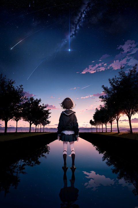  best quality, amazing quality, very aesthetic,1girl, sky, star_\(sky\), solo, skirt, cloud, socks, starry_sky, school_uniform, outstretched_arms, outdoors, short_hair, kneehighs, scenery, long_sleeves, from_behind, jacket, black_socks, spread_arms, pleated_skirt, reflection, brown_hair, building, tree, facing_away, black_jacket, floating, blazer, black_skirt, night, no_shoes, black_hair