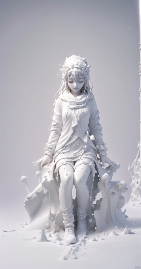  A girl sitting in the white snow closed her eyes and her body had turned white, Be covered with snow, All white, all white, all snow, White statue,  sg, ((poakl))