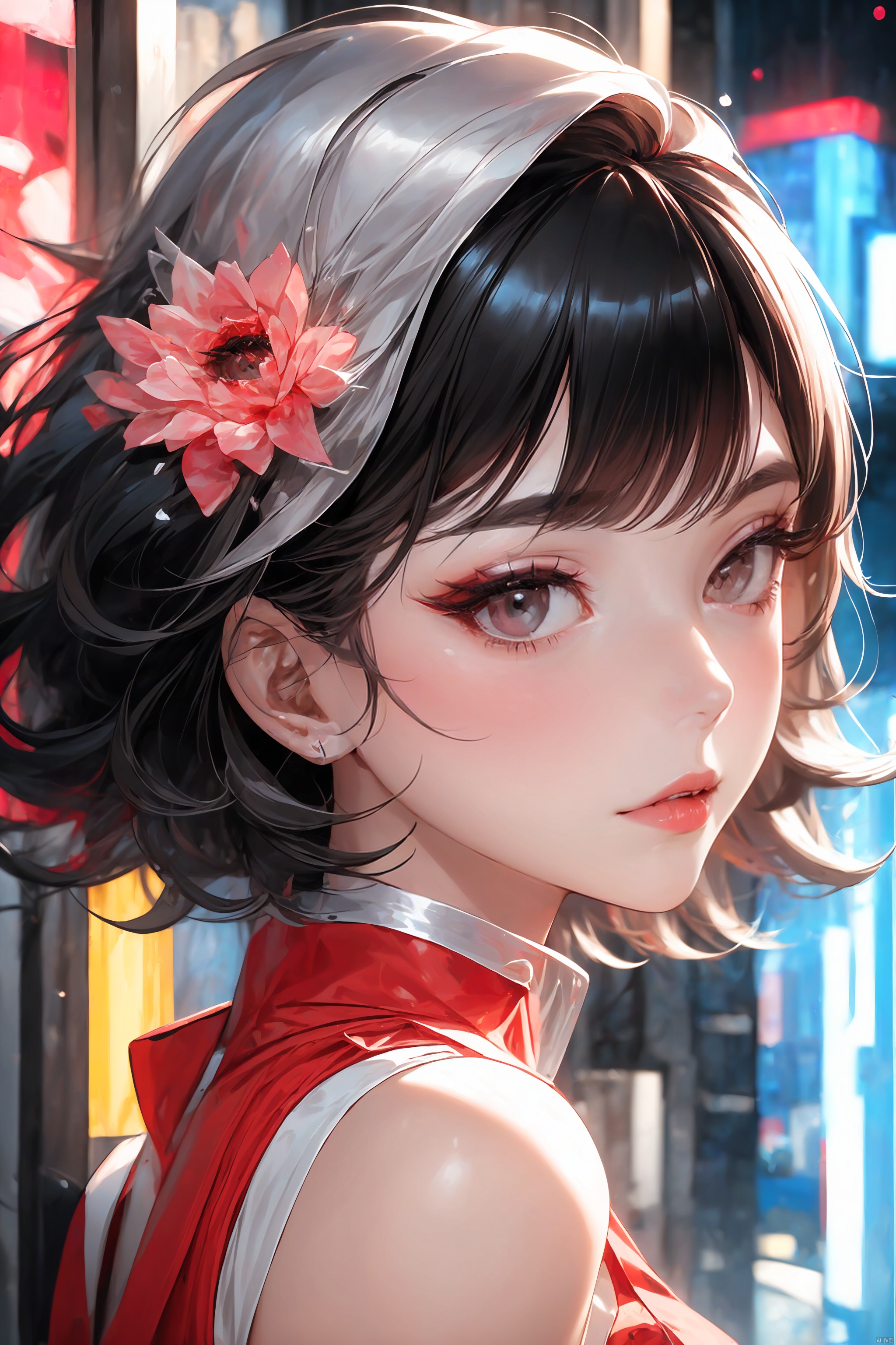  KK-Comic Style, looking at viewer,
bangs,lips, makeup, on bed,
skirt, night_sky, rooftop, city, 
neon lights, highly detailed, 
ultra-high resolutions, 32K UHD,
best quality, masterpiece,
partiallysubmerged, flower, airbubble, ((poakl))

1girl\((bishoujo), (lovely face:1.4), (pure black hair:1.4), (black eyes:1.3), (small breast:1.0), (straight_hair:1.4), (short_hair:1.4), slim, long_legs, black eyeliner, black eyelashes, pink eyeshadow, 
(perfect detailed face), (pink lipgloss:1.3), (perfect hands)\),
red Ultra-thin transparent, (silver Ultra-thin transparent mech:1.3), (all red color scheme:1.4), 

(short shorts:1.4),