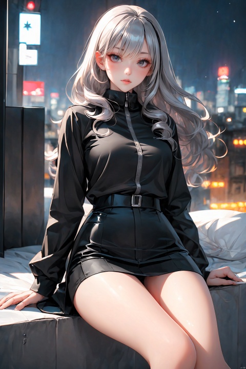  KK-Comic Style, looking at viewer,
bangs,lips, makeup, on bed,
red lips, peach blossom eye, crop_top, 
skirt, night_sky, rooftop, city, 
neon lights, highly detailed, 
ultra-high resolutions, 32K UHD,
best quality, masterpiece,
partiallysubmerged, flower, airbubble, ((poakl))

1girl\((bishoujo), (lovely face:1.4), (pure black hair:1.3), (black eyes:1.3), (small breast:1.0), (straight_hair:1.4), long_hair, (very_long_hair:1.3), anime_hair, slim, sharp_eyelid, eyeliner, eyelashes, eyeshadow, 
(perfect detailed face), (pink lipgloss:1.3), long_legs\),
black Ultra-thin transparent, (silver Ultra-thin transparent mech:1.3), (all black color scheme:1.4), 
(miniskirt:1.4),
