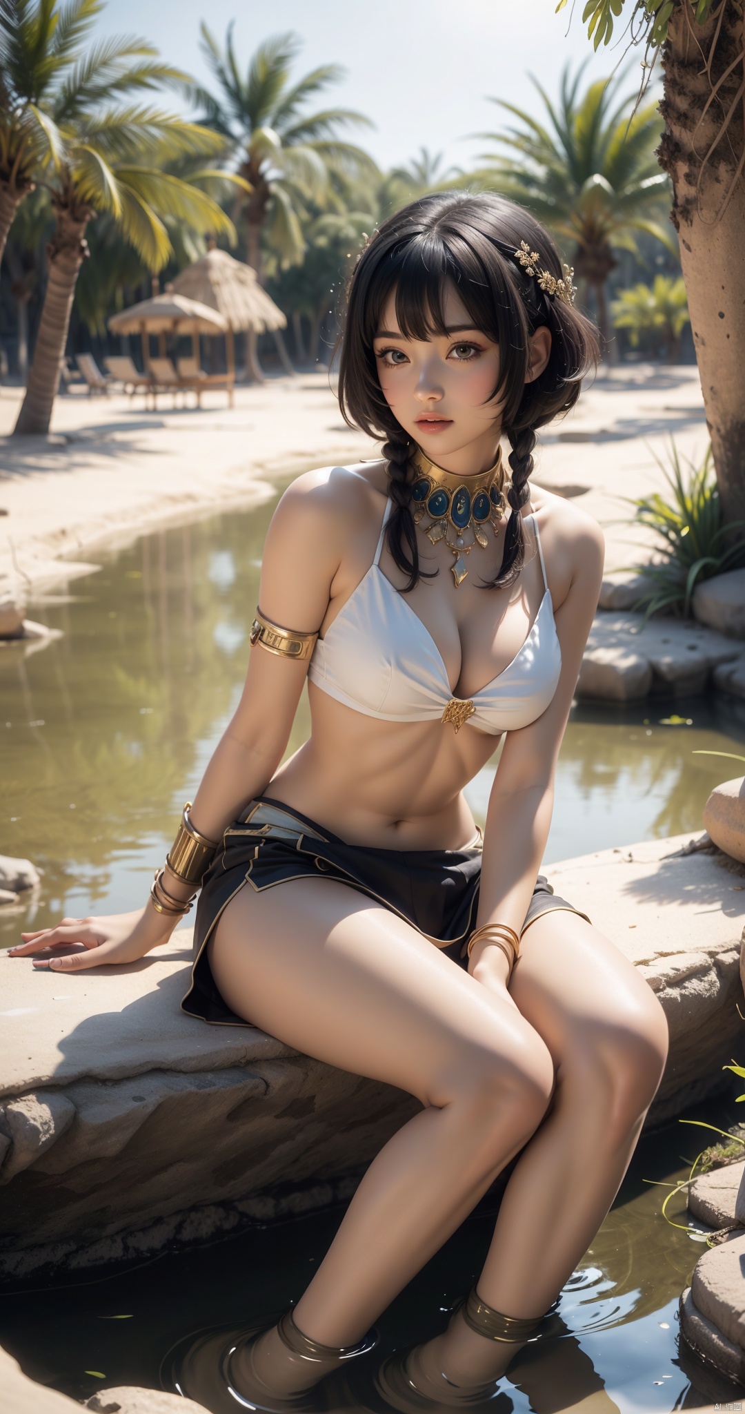  (masterpiece, best quality, best shadow,official art,Ultra High Definition Picture),
1 girl,sitting by water,
Desert Oasis Background, Ancient Egypt,lake
kandisi,