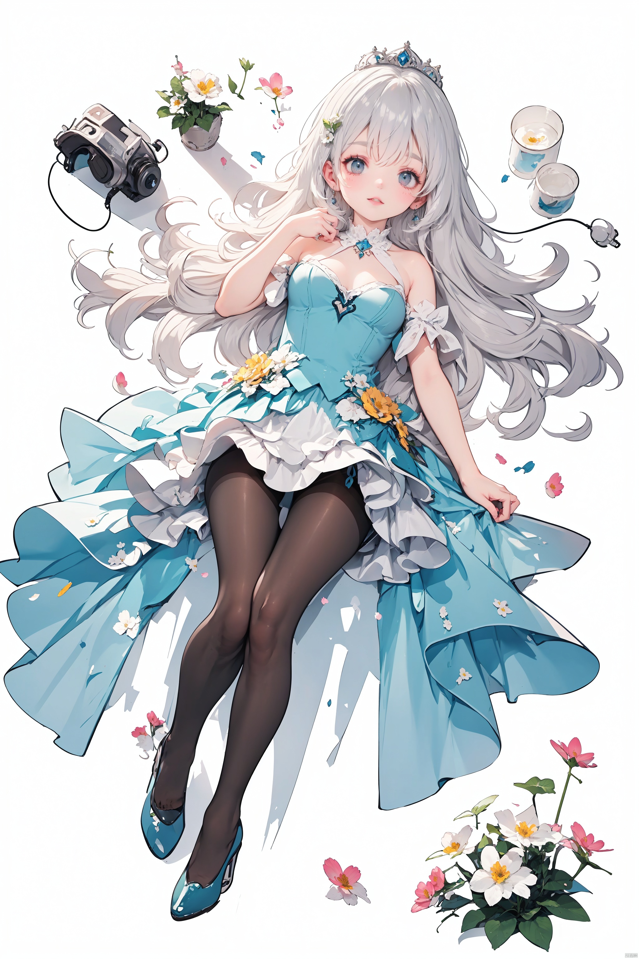  (Shoulder_armor:1.3), (skirt:1.2), Earrings, 
(wearing pointy_high-heeled_shoes:1.3), (pantyhose:1.3), 
(curvy:1.2), (skinny:1.2), (silvery hair:1.2), (long hair), 
(black_eyes, Beautiful and delicate eyes),
(flower hair clip:1.3), (Floral ornament:1.1), 
(masterpiece:1.2),
(solo:1.2), full_shot, fullbody, full_body, intricate detail, ultra-detailed, 
an extremely delicate and beautiful, best quality, watercolorbg, soft, anime style, key visual, vibrant, studio anime, highly detailed,
(Princess costume:1.2),

palace, palace complex, palatial architecture, 
seraglio, 

multiple colored hairs, sweet princess, random cute faces, super happy smiling, group shot, zoom camera, (close eyes:1.2),
(lolita_fashion), (dynamic_pose:1.2), 
((1girl)), full_body, from_above, lying, knees_together_feet_apart, looking_at_viewer, small_breasts, long_hair, lolita_fashion, ribbon, foot focus, White pantyhose, (lying on back:1.3), 




