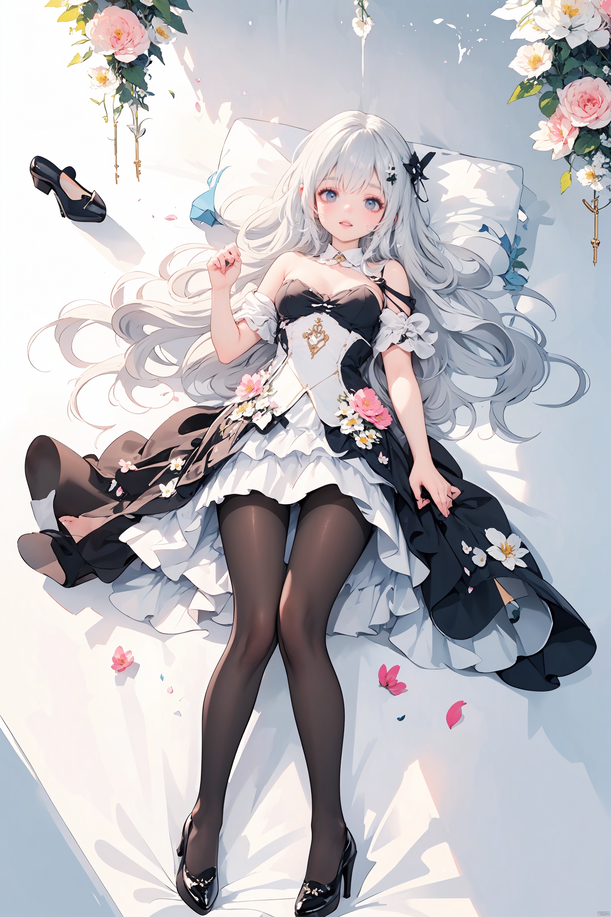  (Shoulder_armor:1.3), (skirt:1.2), Earrings, 
(wearing pointy_high-heeled_shoes:1.3), (pantyhose:1.3), 
(curvy:1.2), (skinny:1.2), (silvery hair:1.2), (long hair), 
(black_eyes, Beautiful and delicate eyes),
(flower hair clip:1.3), (Floral ornament:1.1), 
(masterpiece:1.2),
(solo:1.2), full_shot, fullbody, full_body, intricate detail, ultra-detailed, 
an extremely delicate and beautiful, best quality, watercolorbg, soft, anime style, key visual, vibrant, studio anime, highly detailed,
(Princess costume:1.2),

palace, palace complex, palatial architecture, 
seraglio, 

multiple colored hairs, sweet princess, random cute faces, super happy smiling, group shot, zoom camera, (close eyes:1.2),
(lolita_fashion), (dynamic_pose:1.2), 
((1girl)), full_body, from_above, lying, knees_together_feet_apart, looking_at_viewer, small_breasts, long_hair, lolita_fashion, ribbon, foot focus, White pantyhose, (lying on back:1.3), 




