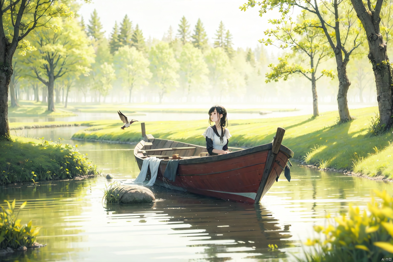  capture a serene early spring scene on a misty lake with a girl in a white dress on a wooden boat. trees with fresh green buds line the shore. above, a pair of swallows fly among young willow branches. the atmosphere is calm and expectant, signaling the awakening of nature, gf, ycbh