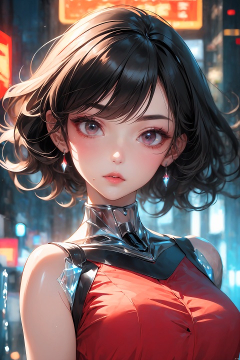  KK-Comic Style, looking at viewer,
bangs,lips, makeup, on bed,
skirt, night_sky, rooftop, city, 
neon lights, highly detailed, 
ultra-high resolutions, 32K UHD,
best quality, masterpiece,
partiallysubmerged, flower, airbubble, ((poakl))

1girl\((bishoujo), (lovely face:1.4), (pure black hair:1.4), (black eyes:1.3), (small breast:1.0), (straight_hair:1.4), (short_hair:1.4), slim, long_legs, black eyeliner, black eyelashes, pink eyeshadow, 
(perfect detailed face), (pink lipgloss:1.3), (perfect hands)\),
red Ultra-thin transparent, (silver Ultra-thin transparent mech:1.3), (all red color scheme:1.4), 

(short shorts:1.4),