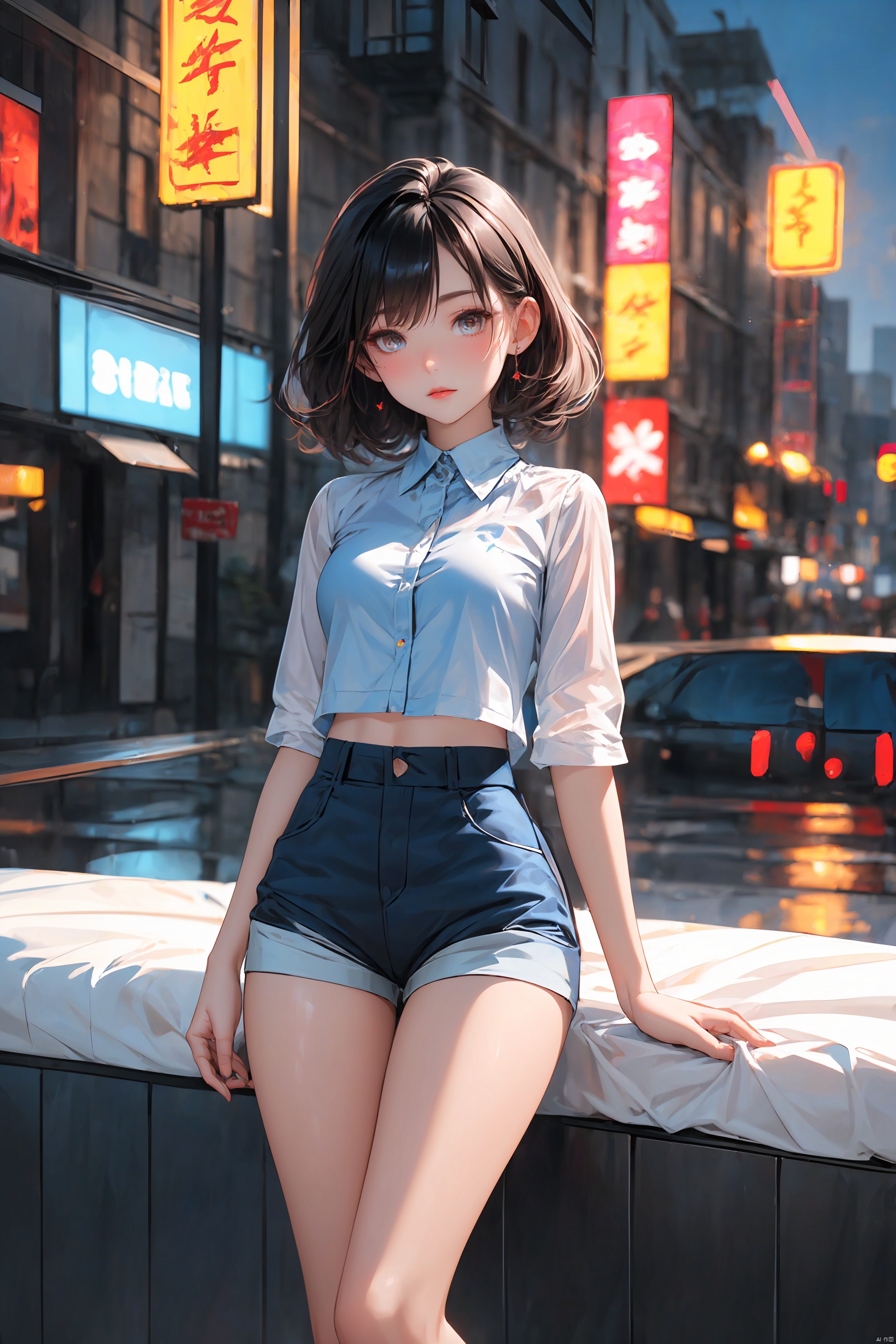 KK-Comic Style, looking at viewer,
bangs,lips, makeup, on bed,
red lips, peach blossom eye, crop_top, 
skirt, night_sky, rooftop, city, 
neon lights, highly detailed, 
ultra-high resolutions, 32K UHD,
best quality, masterpiece,
partiallysubmerged, flower, airbubble, ((poakl))

1girl\((bishoujo), (lovely face:1.4), (reddish black hair:1.4), (browneyes:1.4), (small breast:1.3), (straight_hair:1.4), (short_hair:1.4), plump_*****, long_legs, sharp_eyelid, black eyeliner, black eyelashes, reddish eyeshadow,
(perfect detailed face), (pink lipgloss:1.3), (perfect hands)\),
blue Ultra-thin transparent, (silver Ultra-thin transparent mech:1.3), (all blue color scheme:1.4),  

(short shorts:1.4),