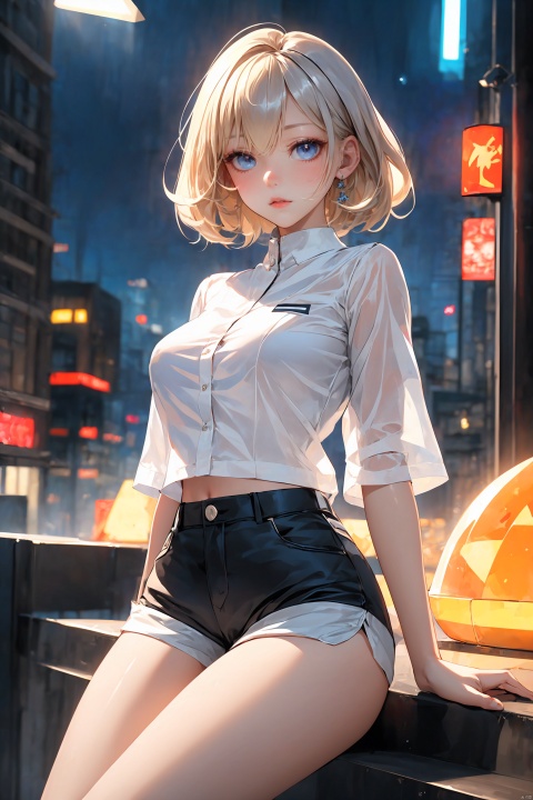  KK-Comic Style, looking at viewer,
bangs,lips, makeup, on bed,
red lips, peach blossom eye, crop_top, 
skirt, night_sky, rooftop, city, 
neon lights, highly detailed, 
ultra-high resolutions, 32K UHD,
best quality, masterpiece,
partiallysubmerged, flower, airbubble, ((poakl))

1girl\((bishoujo), (lovely face:1.4), (pure blonde hair:1.4), (light_blue_eyes:1.3), (median breasts:1.2), (straight_hair:1.4), (short_hair:1.4), slim, long_legs, sharp_eyelid, black eyeliner, black eyelashes, blonde eyeshadow, 
(perfect detailed face), (pink lipgloss:1.3), (perfect hands)\),
purple Ultra-thin transparent, (silver Ultra-thin transparent mech:1.3), (all white color scheme:1.4), 

(short shorts:1.4),