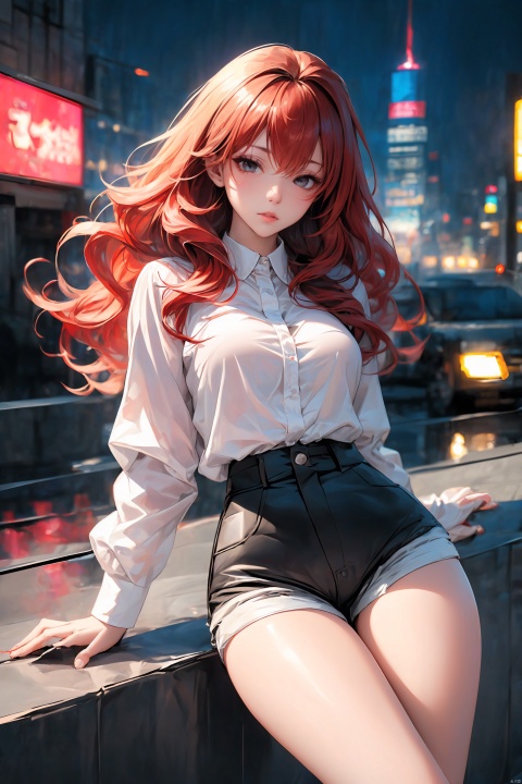 KK-Comic Style, looking at viewer,
bangs,lips, makeup, on bed,
(pure red hair:1.4), (black eyes:1.3)
crop_top, 
skirt, night_sky, rooftop, city, 
neon lights, highly detailed, 
ultra-high resolutions, 32K UHD,
best quality, masterpiece,
partiallysubmerged, flower, airbubble, ((poakl))

1girl\((bishoujo), (lovely face:1.4), (pure red hair:1.4), (black eyes:1.3), (papaya-shaped breasts:1.1), curly_hair, long_hair, (hair_past_waist:1.4), plump_pussy, long_legs, sharp_eyelid, black eyeliner, black eyelashes, red eyeshadow, 
(perfect detailed face), (pink lipgloss:1.3), (perfect hands)\),
golden Ultra-thin transparent, (silver Ultra-thin transparent mech:1.3), (all golden color scheme:1.4), 

(short shorts:1.4),