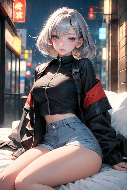  KK-Comic Style, looking at viewer,
bangs,lips, makeup, on bed,
red lips, peach blossom eye, crop_top, 
skirt, night_sky, rooftop, city, 
neon lights, highly detailed, 
ultra-high resolutions, 32K UHD,
best quality, masterpiece,
partiallysubmerged, flower, airbubble, ((poakl))

1girl\((bishoujo), (colorful_hair:1.4), (blue eyes:1.3), (median breasts:1.2), (straight_hair:1.4), (short_hair:1.4), slim, long legs, sharp_eyelid, black eyeliner, black eyelashes, blonde eyeshadow, 
(perfect detailed face), (pink lipgloss:1.3), (perfect hands)\),
red Ultra-thin transparent, (silver Ultra-thin transparent mech:1.3), (all white color scheme:1.4), 

(short shorts:1.4),