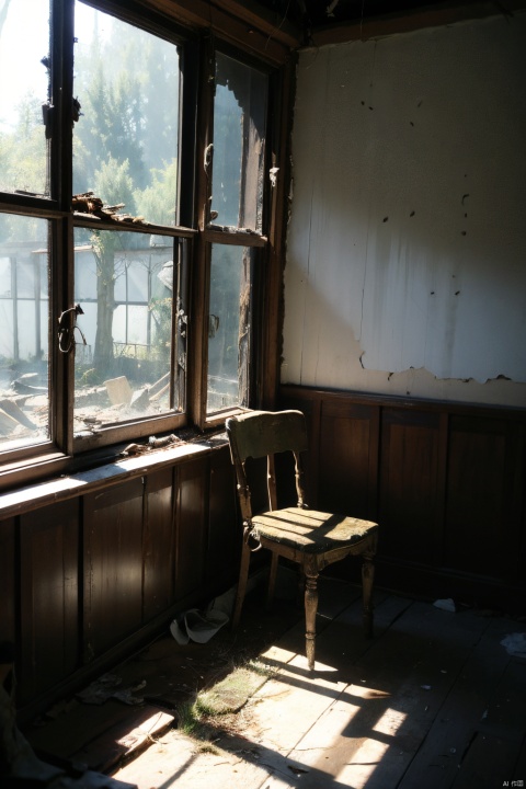  indoor,A dilapidated interior,dilapidated room,(ruins:1.6),A tattered sofa,A rundown table,A tattered chair,Simple french window,A dilapidated door, lamp,(Victorian style decoration:1.5),French window,Simple french window,Worn curtains,Open Windows,Open french window,bright warm sunlight,(The lakes and Forest Outside the Window:1.5),lakes,forest,intersting lights and shadows,8k hd,highly detailed background,amazing background,best quality, ultra detail, dynamic lighting, perfect lighting, detailed shadows