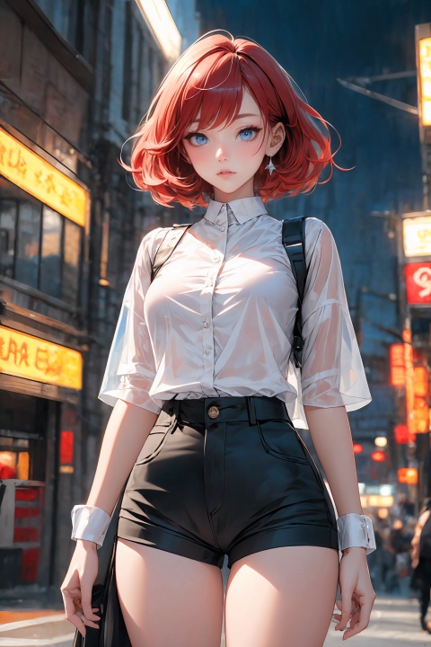  KK-Comic Style, looking at viewer,
bangs,lips, makeup, on bed,
(pure red hair:1.4), (black eyes:1.3)
crop_top, 
skirt, night_sky, rooftop, city, 
neon lights, highly detailed, 
ultra-high resolutions, 32K UHD,
best quality, masterpiece,
partiallysubmerged, flower, airbubble, ((poakl))

1girl\((bishoujo), (colorful_hair:1.4), (blue eyes:1.3), (median breasts:1.2), (straight_hair:1.4), (short_hair:1.4), slim, long legs, sharp_eyelid, black eyeliner, black eyelashes, blonde eyeshadow, 
(perfect detailed face), (pink lipgloss:1.3), (perfect hands)\),
red Ultra-thin transparent, (silver Ultra-thin transparent mech:1.3), (all white color scheme:1.4), 

(short shorts:1.4),