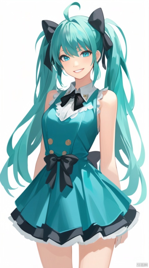  (best quality), ((masterpiece)), (highres), illustration, original, extremely detailed,solo, 1girl, hatsune miku, white background, long hair, smile, twintails, dress, bow, simple background, looking at viewer, blue eyes, blue dress, hair bow, ahoge, cowboy shot, very long hair, black bow, sleeveless, bangs