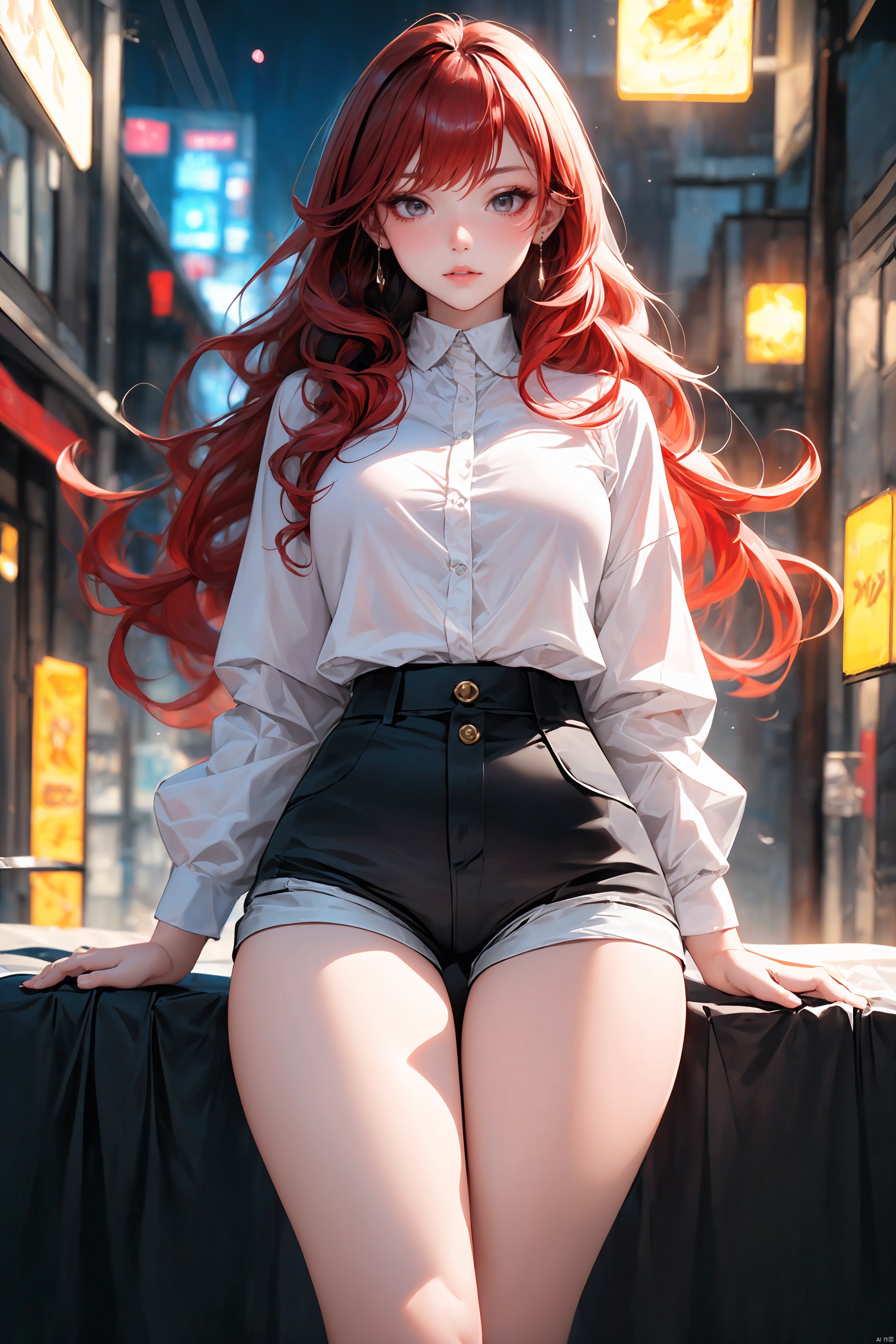  KK-Comic Style, looking at viewer,
bangs,lips, makeup, on bed,
(pure red hair:1.4), (black eyes:1.3)
crop_top, 
skirt, night_sky, rooftop, city, 
neon lights, highly detailed, 
ultra-high resolutions, 32K UHD,
best quality, masterpiece,
partiallysubmerged, flower, airbubble, ((poakl))

1girl\((bishoujo), (lovely face:1.4), (pure red hair:1.4), (black eyes:1.3), (papaya-shaped breasts:1.1), curly_hair, long_hair, (hair_past_waist:1.4), plump_*****, long_legs, sharp_eyelid, black eyeliner, black eyelashes, red eyeshadow, 
(perfect detailed face), (pink lipgloss:1.3), (perfect hands)\),
golden Ultra-thin transparent, (silver Ultra-thin transparent mech:1.3), (all golden color scheme:1.4), 

(short shorts:1.4),