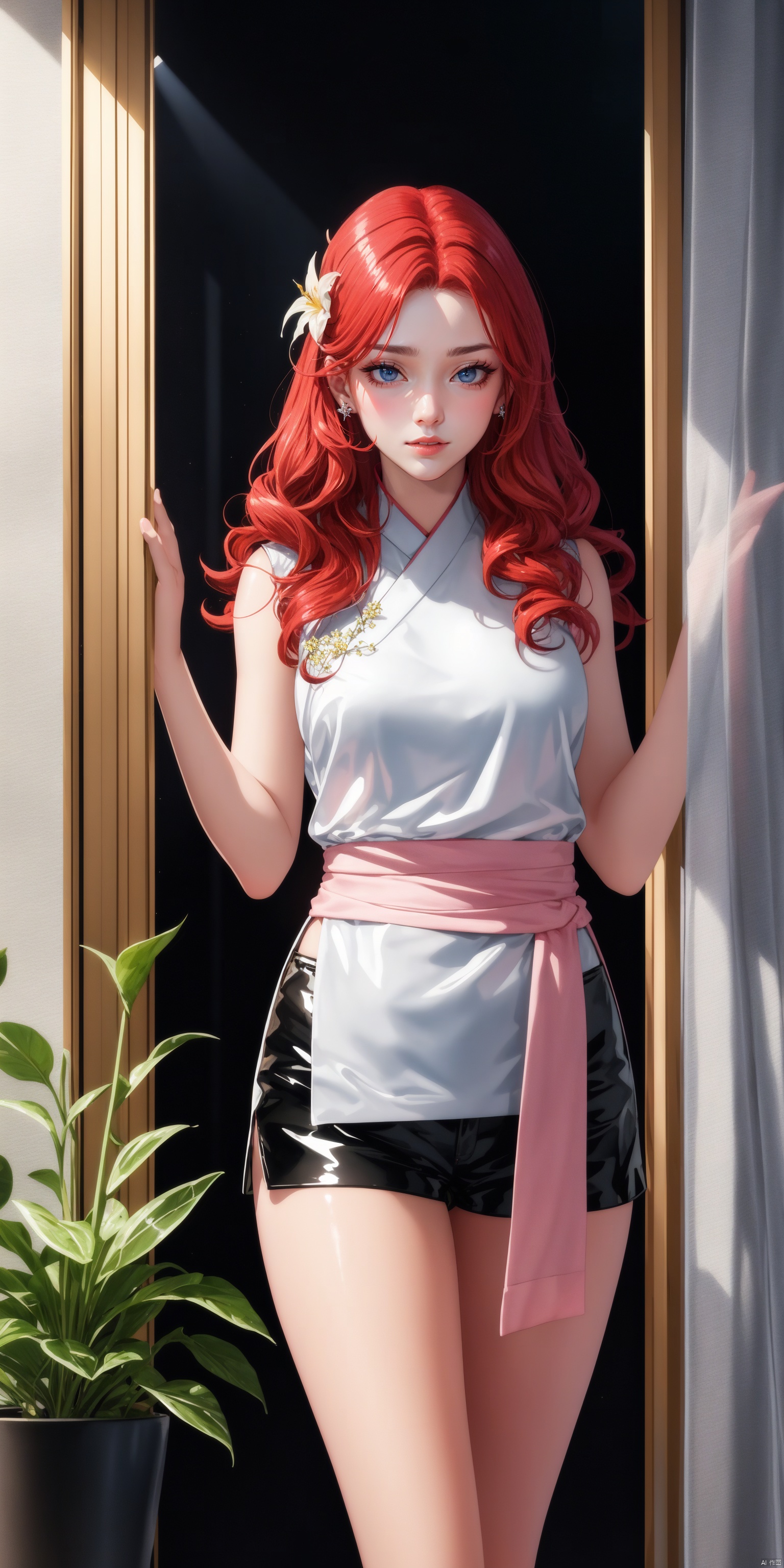  masterpiece, best quality, Best picture quality, best quality, official art, (extremely detailed CG unity 8k wallpaper:1.2), (ultra high resolution:1.1), (photo:1.3), Cinematic lighting, (fidelity :1.3), real, 
(masterpiece:1.0), (best quality:1.0), (film grain:1.2), professional lighting, radiosity, 
golden proportions, wide shoulders, (Kpop idol:1.1), detailed beautiflul skin, detailed skin-texture, looking at viewer, (perfect hands),
(detailed beautiflul face:1.2), PureErosFace_v1, 

plant, flower, potted_plant, solo, lily_\(flower\), holding_flower, window, white_flower, leaf, vines, curtains, vase, flower_pot, ivy, jewelry, branch, Lily hair card, solo focus, finely detail,

1girl\((bishoujo), (lovely face:1.6), (pure red hair:1.6), (black eyes:1.5), (papaya-shaped breasts:1.1), curly_hair, long_hair, (hair_past_waist:1.6), plump_*****, (hairless:1.2), long_legs, sharp_eyelid, black eyeliner, black eyelashes, red eyeshadow, (perfect detailed face), (pink lipgloss:1.3), (perfect hands)\),
golden Ultra-thin transparent, (silver Ultra-thin transparent mech:1.3), (all golden color scheme:1.4), 

(sexy ancient style hanfu:1.2), (mecha:1.1), smile, The clothes have a lot of thin glowing threads, sense of the future,

pantyhose, (short shorts:1.6),
(action_pose:1.2), ((front)), front_view,

