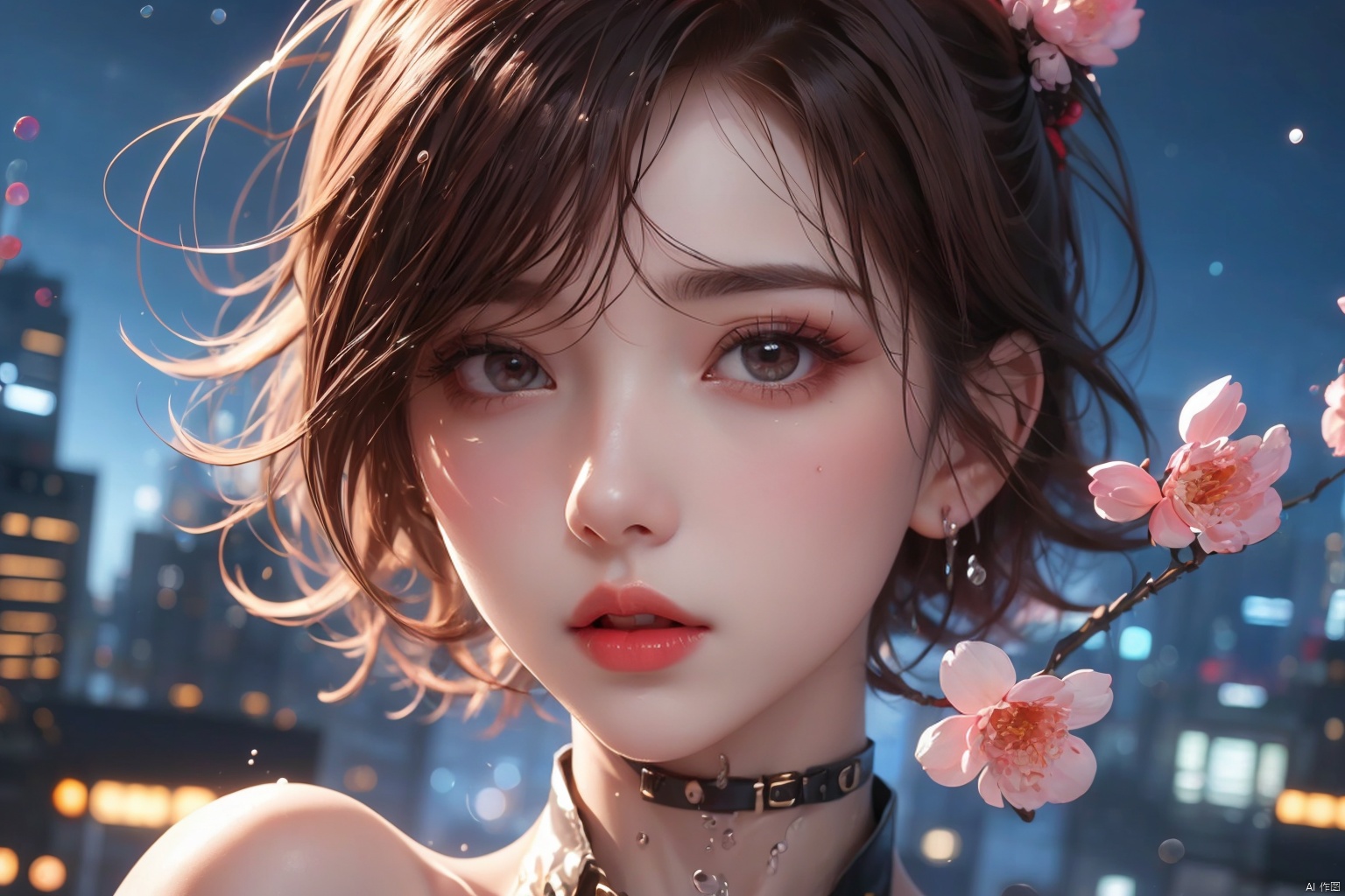  KK-Comic Style,looking at viewer,bangs,lips,makeup,on bed,red lips,peach blossom eye,pink hair,crop_top,skirt,night_sky,rooftop,city,neon lights,highly detailed,ultra-high resolutions,32K UHD,best quality,masterpiece,

1girl\((bishoujo), (lovely face:1.6), (reddish black hair:1.6), (browneyes:1.6), (small breast:1.8), (straight_hair:1.4), (short_hair:1.4), plump_*****, (hairless:1.2), long_legs, sharp_eyelid, black eyeliner, black eyelashes, reddish eyeshadow, (perfect detailed face), (pink lipgloss:1.3), (perfect hands)\),
(cry:1.4), (grimace:1.4),(full_body:1.2),(topless_(female):1.4), topless, 
water drop,water, partiallysubmerged,flower,airbubble