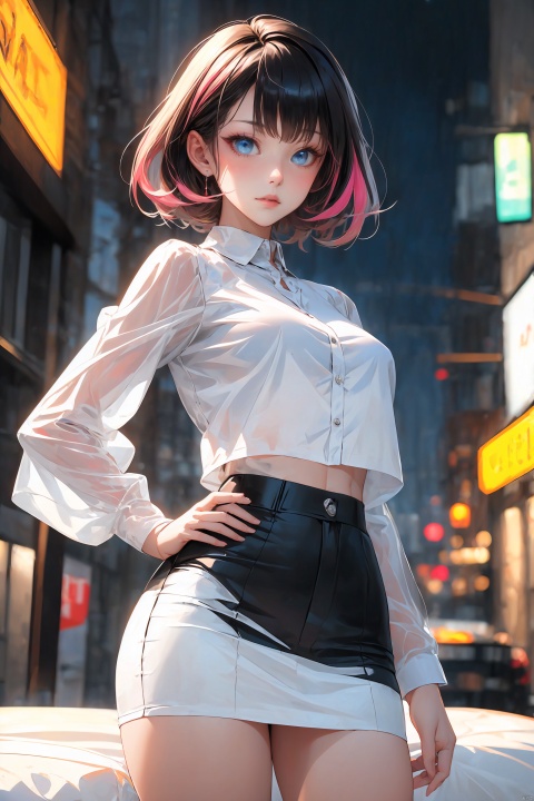  KK-Comic Style, looking at viewer,
bangs,lips, makeup, on bed,
crop_top, 
skirt, night_sky, rooftop, city, 
neon lights, highly detailed, 
ultra-high resolutions, 32K UHD,
best quality, masterpiece,
partiallysubmerged, flower, airbubble, ((poakl))

1girl\((bishoujo), (colorful_hair:1.4), (blue eyes:1.3), (median breasts:1.2), (straight_hair:1.4), (short_hair:1.4), slim, long legs, sharp_eyelid, black eyeliner, black eyelashes, blonde eyeshadow, 
(perfect detailed face), (pink lipgloss:1.3), (perfect hands)\),
red Ultra-thin transparent, (silver Ultra-thin transparent mech:1.3), (all white color scheme:1.4), 

(miniskirt:1.4)