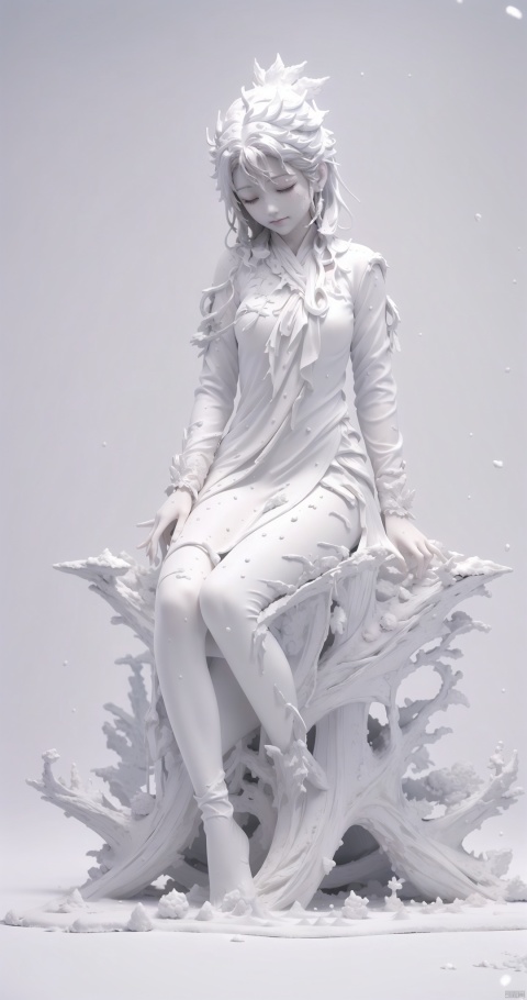  A girl sitting in the white snow closed her eyes and her body had turned white, Be covered with snow, All white, all white, all snow, White statue,  sg