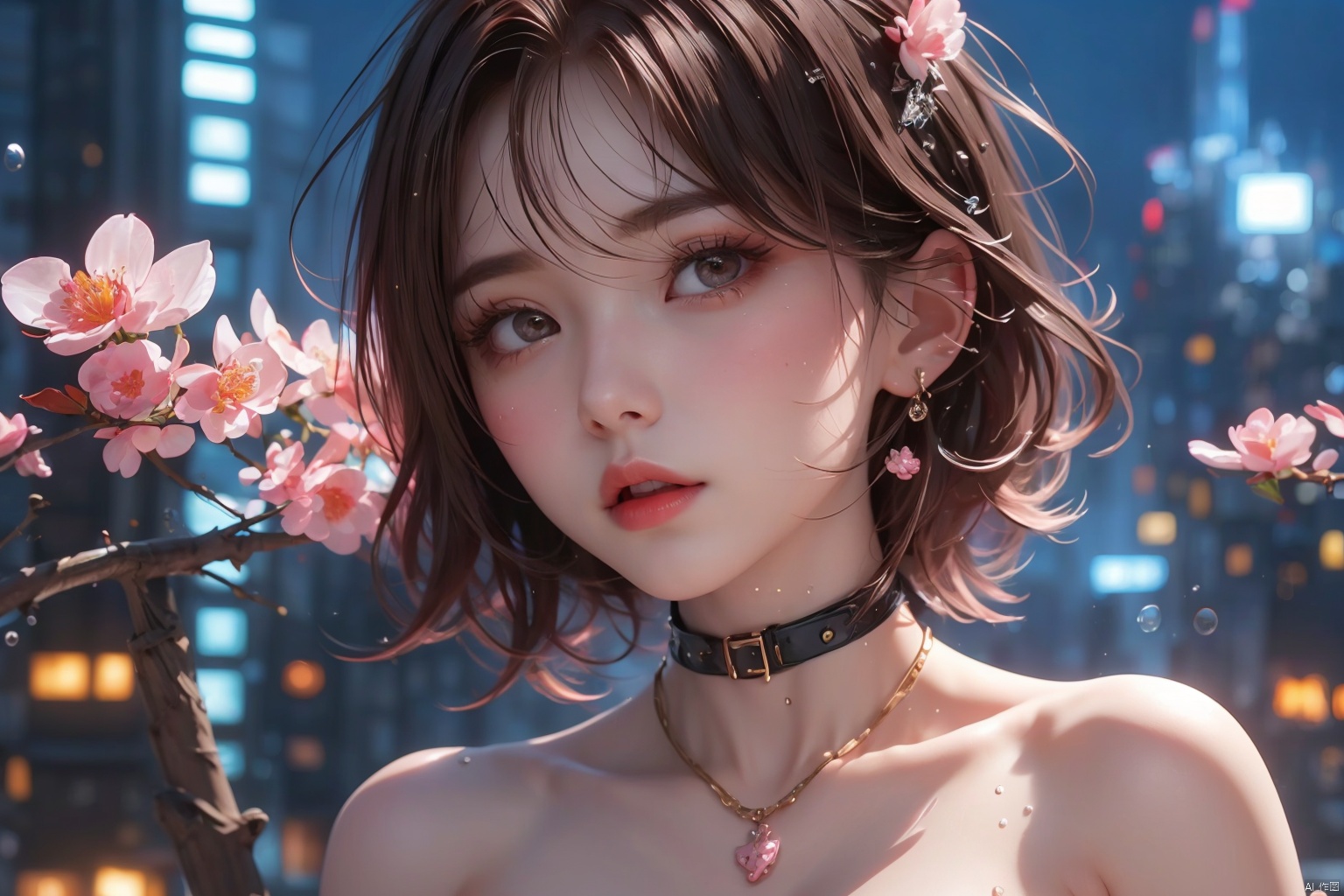  KK-Comic Style,looking at viewer,bangs,lips,makeup,on bed,red lips,peach blossom eye,pink hair,crop_top,skirt,night_sky,rooftop,city,neon lights,highly detailed,ultra-high resolutions,32K UHD,best quality,masterpiece,

1girl\((bishoujo), (lovely face:1.6), (reddish black hair:1.6), (browneyes:1.6), (small breast:1.8), (straight_hair:1.4), (short_hair:1.4), plump_*****, (hairless:1.2), long_legs, sharp_eyelid, black eyeliner, black eyelashes, reddish eyeshadow, (perfect detailed face), (pink lipgloss:1.3), (perfect hands)\),
(cry:1.4), (grimace:1.4),(full_body:1.2),(topless_(female):1.4), topless, 
water drop,water, partiallysubmerged,flower,airbubble