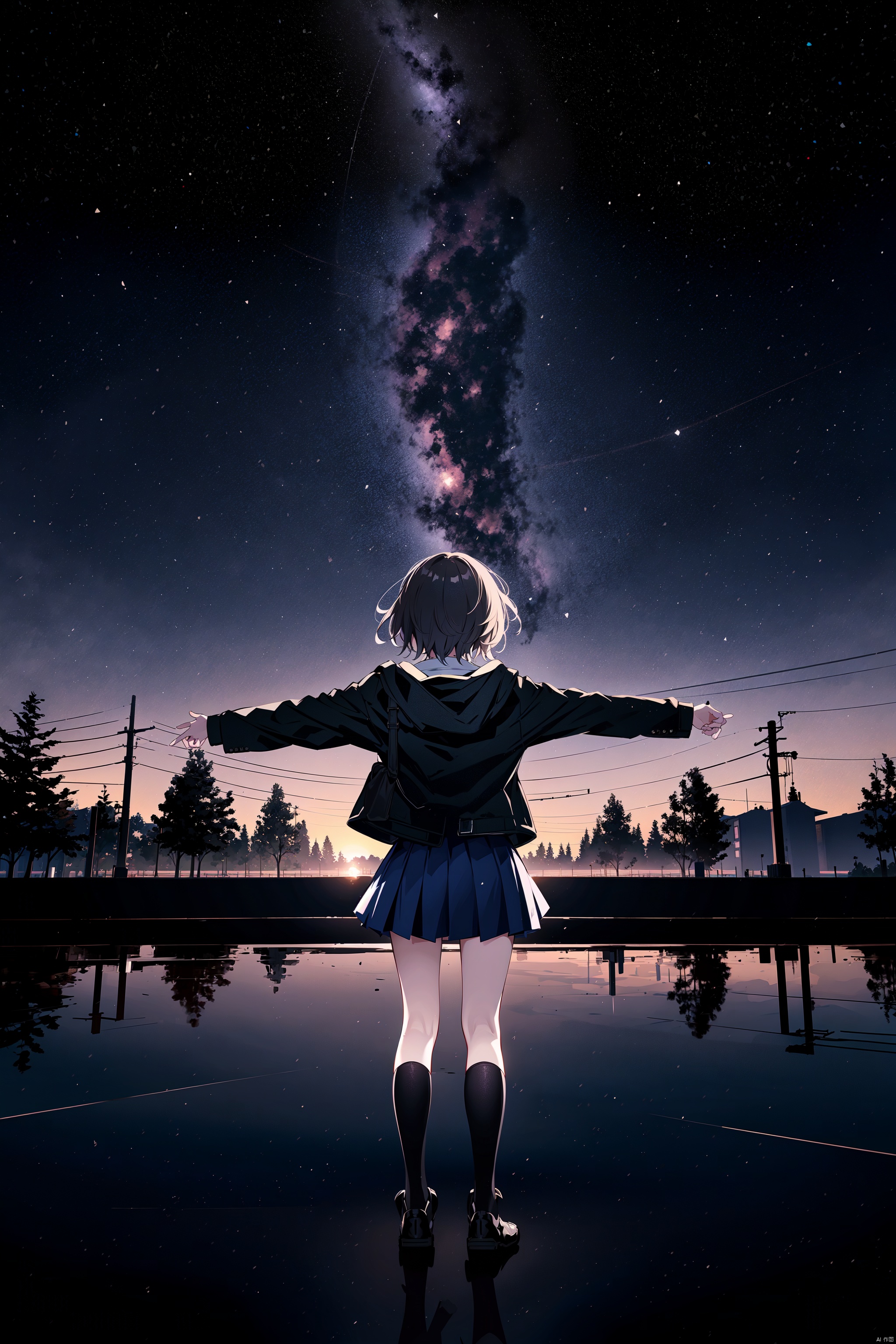  best quality, amazing quality, very aesthetic,1girl, sky, star_\(sky\), solo, skirt, cloud, socks, starry_sky, school_uniform, outstretched_arms, outdoors, short_hair, kneehighs, scenery, long_sleeves, from_behind, jacket, black_socks, spread_arms, pleated_skirt, reflection, brown_hair, building, tree, facing_away, black_jacket, floating, blazer, black_skirt, night, no_shoes, black_hair