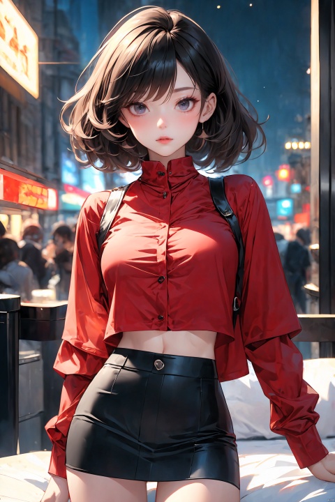  KK-Comic Style, looking at viewer,
bangs,lips, makeup, on bed,
red lips, peach blossom eye, crop_top, 
skirt, night_sky, rooftop, city, 
neon lights, highly detailed, 
ultra-high resolutions, 32K UHD,
best quality, masterpiece,
partiallysubmerged, flower, airbubble, ((poakl))

1girl\((bishoujo), (lovely face:1.4), (pure black hair:1.4), (black eyes:1.3), (small breast:1.0), (straight_hair:1.4), (short_hair:1.4), slim, long_legs, black eyeliner, black eyelashes, pink eyeshadow, 
(perfect detailed face), (pink lipgloss:1.3), (perfect hands)\),
red Ultra-thin transparent, (silver Ultra-thin transparent mech:1.3), (all red color scheme:1.4),  

(miniskirt:1.4),