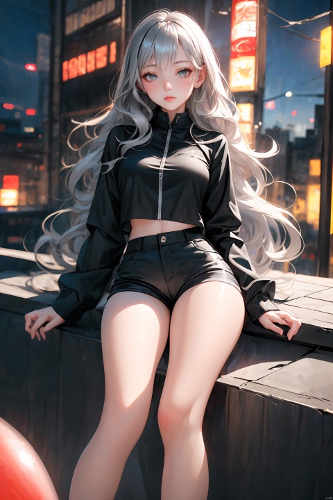  KK-Comic Style, looking at viewer,
bangs,lips, makeup, on bed,
red lips, peach blossom eye, crop_top, 
skirt, night_sky, rooftop, city, 
neon lights, highly detailed, 
ultra-high resolutions, 32K UHD,
best quality, masterpiece,
partiallysubmerged, flower, airbubble, ((poakl))

1girl\((bishoujo), (lovely face:1.4), (petite:1.3), (pure green hair:1.3), (redeyes:1.3),  (median breasts:1.0), (busty), (straight_hair:1.4), long_hair, (very_long_hair:1.3), chubby, long_legs, (round face:1.2), sharp_eyelid, black eyeliner, black eyelashes, yellow eyeshadow, 
(perfect detailed face), (pink lipgloss:1.3), (perfect hands)\),
yellow Ultra-thin transparent, (silver Ultra-thin transparent mech:1.3), (all black color scheme:1.4), 

(short shorts:1.4),