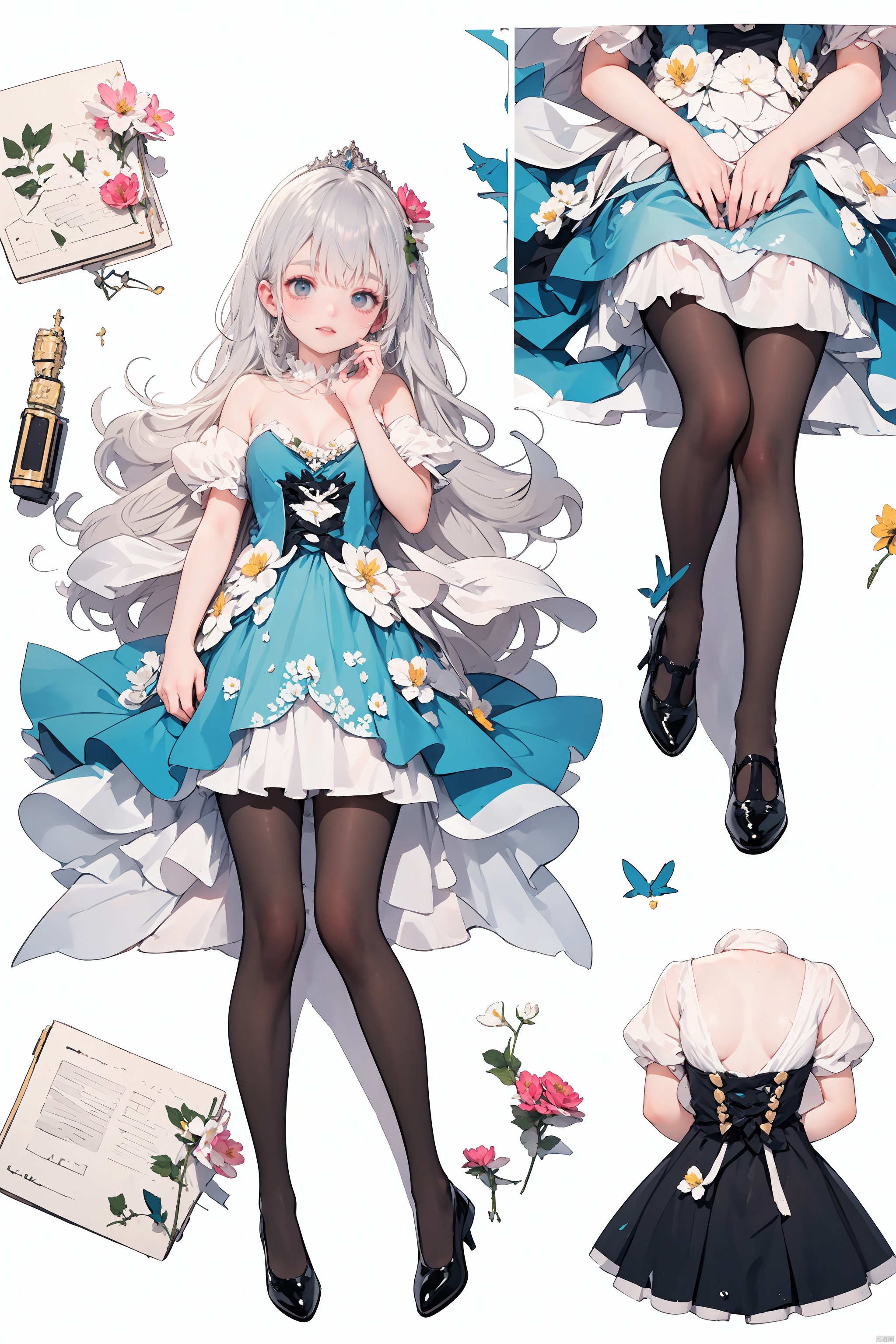  (Shoulder_armor:1.3), (skirt:1.2), Earrings, 
(wearing pointy_high-heeled_shoes:1.3), (pantyhose:1.3), 
(curvy:1.2), (skinny:1.2), (silvery hair:1.2), (long hair), 
(black_eyes, Beautiful and delicate eyes),
(flower hair clip:1.3), (Floral ornament:1.1), 
(masterpiece:1.2),
(solo:1.2), full_shot, fullbody, full_body, intricate detail, ultra-detailed, 
an extremely delicate and beautiful, best quality, watercolorbg, soft, anime style, key visual, vibrant, studio anime, highly detailed,
(Princess costume:1.2),

palace, palace complex, palatial architecture, 
seraglio, 

multiple colored hairs, sweet princess, random cute faces, super happy smiling, group shot, zoom camera, (close eyes:1.2),
(lolita_fashion), (dynamic_pose:1.2), 
((1girl)), full_body, from_above, lying, knees_together_feet_apart, looking_at_viewer, small_breasts, long_hair, lolita_fashion, ribbon, foot focus, White pantyhose, (lying on back:1.3), 




