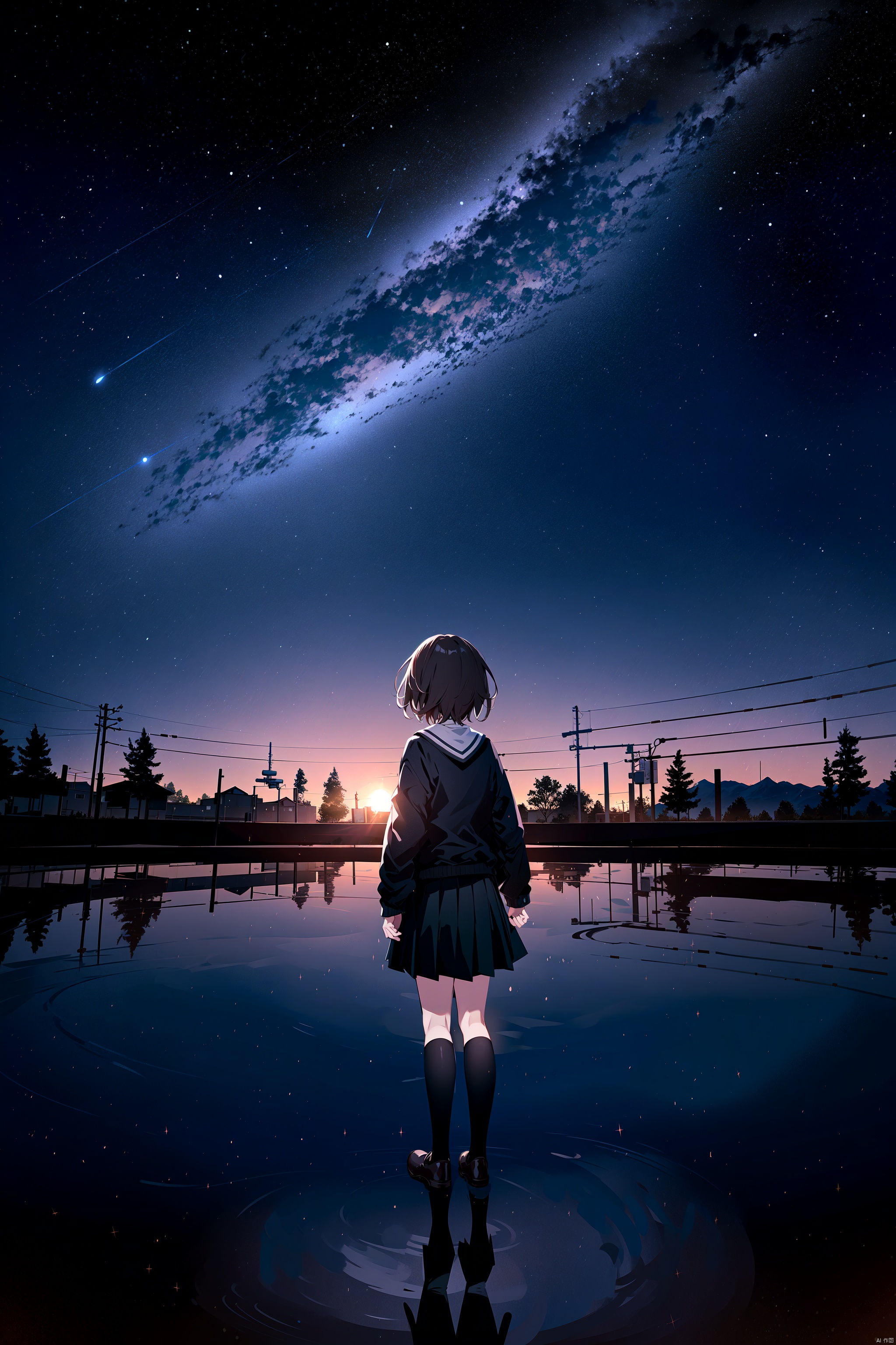  best quality, amazing quality, very aesthetic,1girl, sky, star_\(sky\), solo, skirt, cloud, socks, starry_sky, school_uniform, outstretched_arms, outdoors, short_hair, kneehighs, scenery, long_sleeves, from_behind, jacket, black_socks, spread_arms, pleated_skirt, reflection, brown_hair, building, tree, facing_away, black_jacket, floating, blazer, black_skirt, night, no_shoes, black_hair