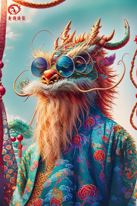  Half a dragon, a Chinese dragon, youthful and immortal, with pearl like scales, gorgeous colors, cute and quirky style, exquisite bear, majestic horns, wearing-green Chinese Hanfu, paired with round sunglasses, rich and colorful, full of youthful Natural, ultra-high, color-angle, stunning, film photography, longyeye