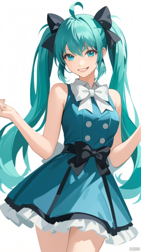  (best quality), ((masterpiece)), (highres), illustration, original, extremely detailed,solo, 1girl, hatsune miku, white background, long hair, smile, twintails, dress, bow, simple background, looking at viewer, blue eyes, blue dress, hair bow, ahoge, cowboy shot, very long hair, black bow, sleeveless, bangs