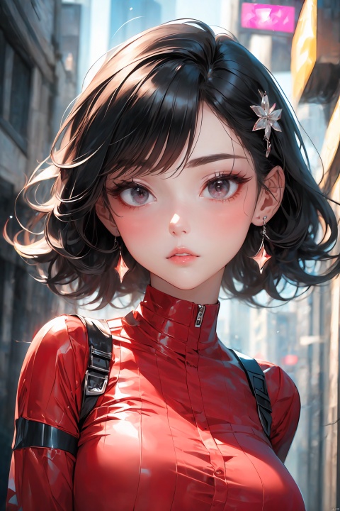  KK-Comic Style, looking at viewer,
bangs,lips, makeup, on bed,
skirt, night_sky, rooftop, city, 
neon lights, highly detailed, 
ultra-high resolutions, 32K UHD,
best quality, masterpiece,
partiallysubmerged, flower, airbubble, ((poakl))

1girl\((bishoujo), (lovely face:1.4), (pure black hair:1.4), (black eyes:1.3), (small breast:1.0), (straight_hair:1.4), (short_hair:1.4), slim, long_legs, black eyeliner, black eyelashes, pink eyeshadow, 
(perfect detailed face), (pink lipgloss:1.3), (perfect hands)\),
red Ultra-thin transparent, (silver Ultra-thin transparent mech:1.3), (all red color scheme:1.4), 

(short shorts:1.4),