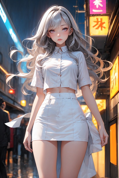 KK-Comic Style, looking at viewer,
bangs,lips, makeup, on bed,
red lips, peach blossom eye, crop_top, 
skirt, night_sky, rooftop, city, 
neon lights, highly detailed, 
ultra-high resolutions, 32K UHD,
best quality, masterpiece,
partiallysubmerged, flower, airbubble, ((poakl))

1girl\((bishoujo), (lovely face:1.4), (pure silver hair:1.3), (silver eyes:1.3), (small breast:1.2), (straight_hair:1.4), long_hair, (very_long_hair:1.3), anime_hair, slim, long_legs, sharp_eyelid, eyeliner, eyelashes, eyeshadow,
 (perfect detailed face), (pink lipgloss:1.3), (perfect hands)\),
silver Ultra-thin transparent, (black Ultra-thin transparent mech:1.3), (all white color scheme:1.4),

(miniskirt:1.4),
