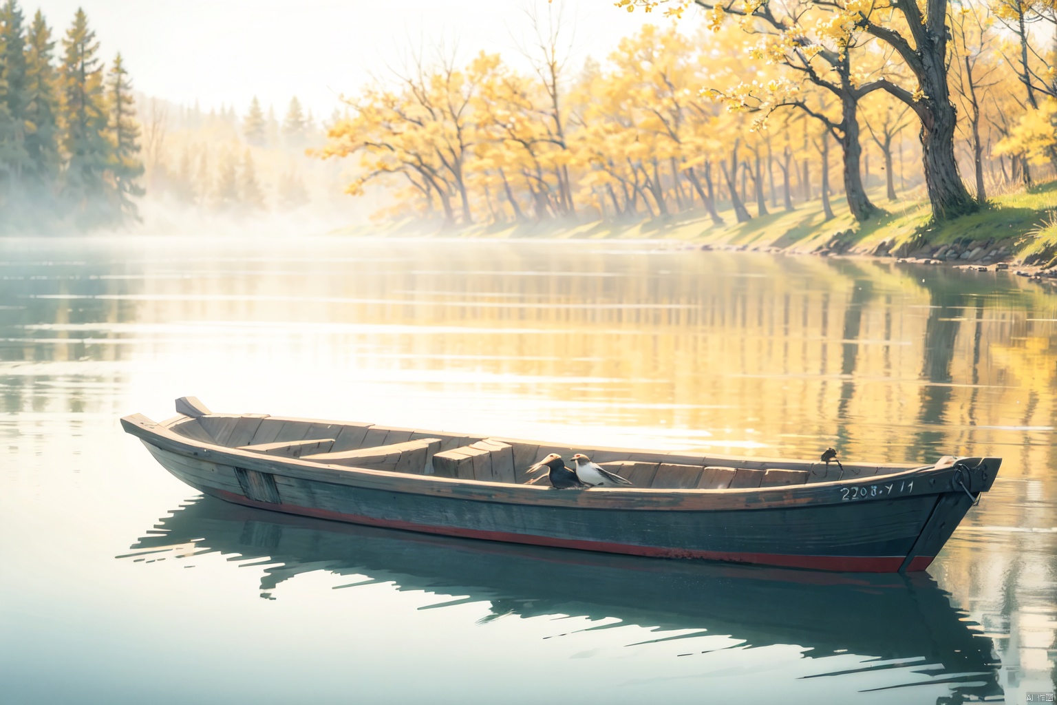 capture a serene early spring scene on a misty lake a wooden boat. trees with fresh green buds line the shore. above, a pair of swallows fly among young willow branches. the atmosphere is calm and expectant, signaling the awakening of nature, gf, ycbh