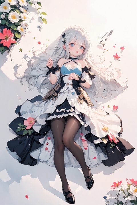  (Shoulder_armor:1.3), (skirt:1.2), Earrings, 
(wearing pointy_high-heeled_shoes:1.3), (pantyhose:1.3), 
(curvy:1.2), (skinny:1.2), (silvery hair:1.2), (long hair), 
(black_eyes, Beautiful and delicate eyes),
(flower hair clip:1.3), (Floral ornament:1.1), 
(masterpiece:1.2),
(solo:1.2), full_shot, fullbody, full_body, intricate detail, ultra-detailed, 
an extremely delicate and beautiful, best quality, watercolorbg, soft, anime style, key visual, vibrant, studio anime, highly detailed,
(Princess costume:1.2),

palace, palace complex, palatial architecture, 
seraglio, 

multiple colored hairs, sweet princess, random cute faces, super happy smiling, group shot, zoom camera, (close eyes:1.2),
(lolita_fashion), (dynamic_pose:1.2), 
((1girl)), full_body, from_above, lying, knees_together_feet_apart, looking_at_viewer, small_breasts, long_hair, lolita_fashion, ribbon, foot focus, White pantyhose, (lying on back:1.3), 




