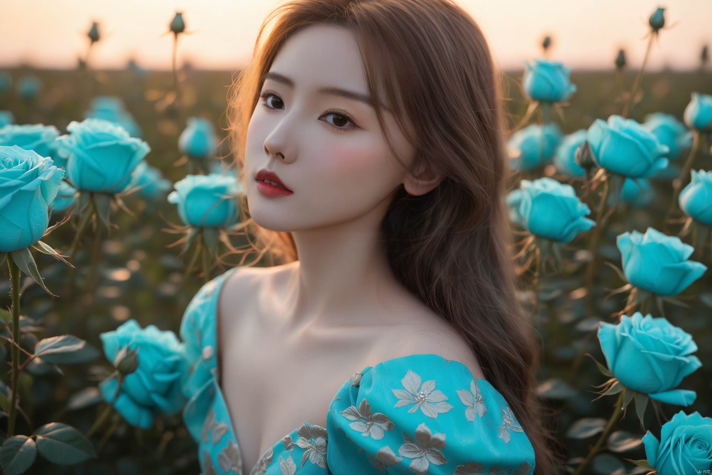  (RAW photo, 4k, realistic, ),masterpiece,
best quality,unity 8k wallpaper,
ultra detailed,cinematic look,
natural skin texture,cinematic angle,
Fujifilm XT3,
(highlydetailed),(detailed lighting),(contrast),
(mysterious atmosphere),
vivid illumination,masterful technique,
harmonious composition,immersive atmosphere,stunning visuals,
dynamic angle, floating,

sitting_down,full_body,

1girl,from side,
A girl was standing in a field of Turquoise roses,realistic,Princess,sunlight,
Turquoise rose patterned surface details,
Soft Turquoise light,
In the background is a dreamlike sea of roses, nvhai, g007, hand, hands, ((poakl))