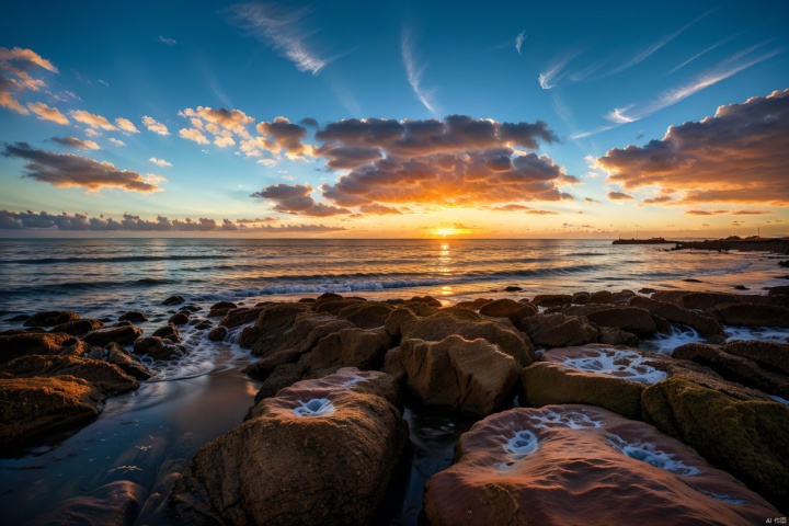  (red sky),(orange sky),cloud,water,horizon,aurora,beach,scenery,caustics,light_particles,outdoors,nature,stream,landscape,8K,absurdres,wallpaper,reality,colorful,