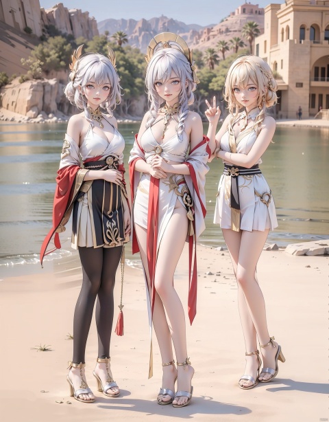  3+ girls, multiple colored hairs, random cute faces, group shot, zoom camera, 
(expression:1.0), (dynamic_pose:1.2), (action_pose:1.2), (action:1.0),
Desert Oasis Background, Ancient Egypt,lake
kandisi, (distance shot:1.5), (full_body:1.2), (full body:1.2), pyramid, (smile:1.0), long_legs, high heels, cxg