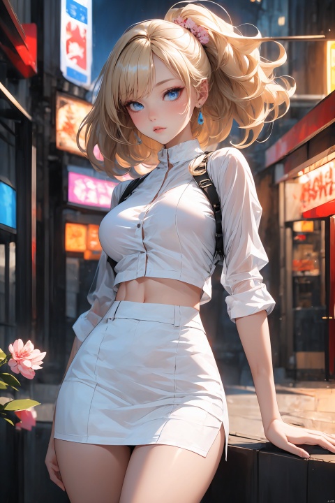  KK-Comic Style, looking at viewer,
bangs,lips, makeup, on bed,
red lips, peach blossom eye, crop_top, 
skirt, night_sky, rooftop, city, 
neon lights, highly detailed, 
ultra-high resolutions, 32K UHD,
best quality, masterpiece,
partiallysubmerged, flower, airbubble, ((poakl))

1girl\((bishoujo), (lovely face:1.4), (pure blonde hair:1.4), (light_blue_eyes:1.3), (median breasts:1.2), (straight_hair:1.4), (short_hair:1.4), slim, long_legs, sharp_eyelid, black eyeliner, black eyelashes, blonde eyeshadow, 
(perfect detailed face), (pink lipgloss:1.3), (perfect hands)\),
purple Ultra-thin transparent, (silver Ultra-thin transparent mech:1.3), (all white color scheme:1.4), 

(miniskirt:1.4),