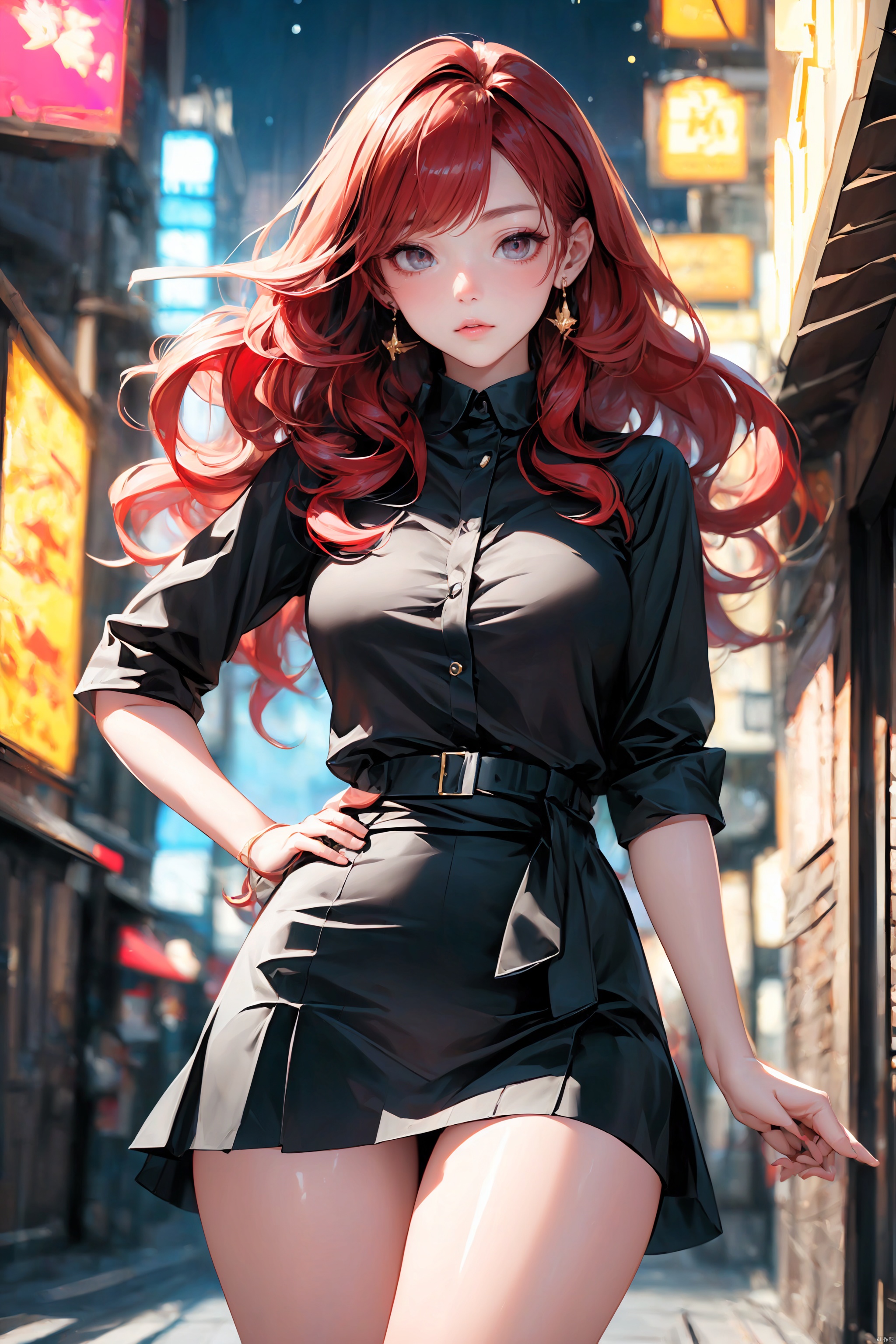  KK-Comic Style, looking at viewer,
bangs,lips, makeup, on bed,
(pure red hair:1.4), (black eyes:1.3)
crop_top, 
skirt, night_sky, rooftop, city, 
neon lights, highly detailed, 
ultra-high resolutions, 32K UHD,
best quality, masterpiece,
partiallysubmerged, flower, airbubble, ((poakl))

1girl\((bishoujo), (lovely face:1.4), (pure red hair:1.4), (black eyes:1.3), (papaya-shaped breasts:1.1), curly_hair, long_hair, (hair_past_waist:1.4), plump_*****, long_legs, sharp_eyelid, black eyeliner, black eyelashes, red eyeshadow, 
(perfect detailed face), (pink lipgloss:1.3), (perfect hands)\),
golden Ultra-thin transparent, (silver Ultra-thin transparent mech:1.3), (all golden color scheme:1.4), 

(miniskirt:1.4)