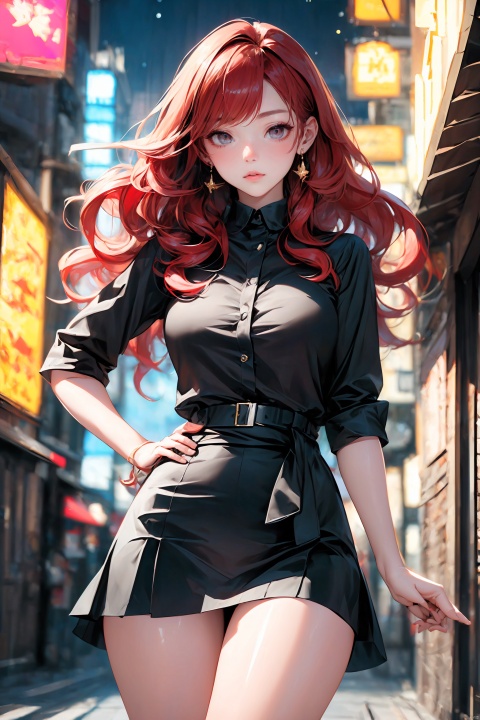  KK-Comic Style, looking at viewer,
bangs,lips, makeup, on bed,
(pure red hair:1.4), (black eyes:1.3)
crop_top, 
skirt, night_sky, rooftop, city, 
neon lights, highly detailed, 
ultra-high resolutions, 32K UHD,
best quality, masterpiece,
partiallysubmerged, flower, airbubble, ((poakl))

1girl\((bishoujo), (lovely face:1.4), (pure red hair:1.4), (black eyes:1.3), (papaya-shaped breasts:1.1), curly_hair, long_hair, (hair_past_waist:1.4), plump_pussy, long_legs, sharp_eyelid, black eyeliner, black eyelashes, red eyeshadow, 
(perfect detailed face), (pink lipgloss:1.3), (perfect hands)\),
golden Ultra-thin transparent, (silver Ultra-thin transparent mech:1.3), (all golden color scheme:1.4), 

(miniskirt:1.4)