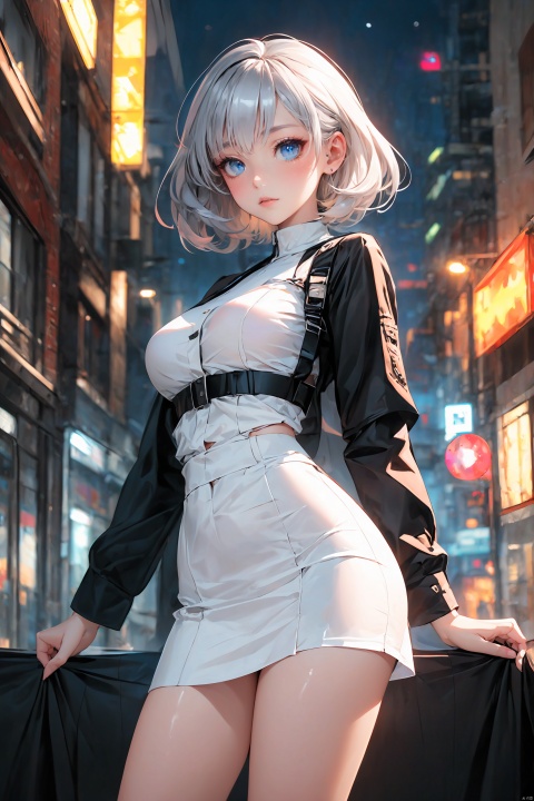  KK-Comic Style, looking at viewer,
bangs,lips, makeup, on bed,
crop_top, 
skirt, night_sky, rooftop, city, 
neon lights, highly detailed, 
ultra-high resolutions, 32K UHD,
best quality, masterpiece,
partiallysubmerged, flower, airbubble, ((poakl))

1girl\((bishoujo), (colorful_hair:1.4), (blue eyes:1.3), (median breasts:1.2), (straight_hair:1.4), (short_hair:1.4), slim, long legs, sharp_eyelid, black eyeliner, black eyelashes, blonde eyeshadow, 
(perfect detailed face), (pink lipgloss:1.3), (perfect hands)\),
red Ultra-thin transparent, (silver Ultra-thin transparent mech:1.3), (all white color scheme:1.4), 

(miniskirt:1.4)