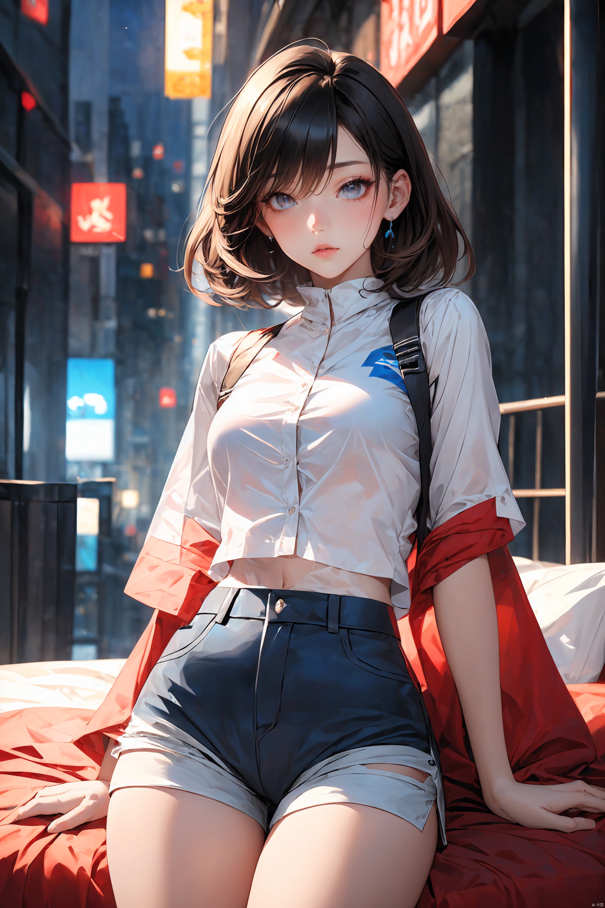  KK-Comic Style, looking at viewer,
bangs,lips, makeup, on bed,
red lips, peach blossom eye, crop_top, 
skirt, night_sky, rooftop, city, 
neon lights, highly detailed, 
ultra-high resolutions, 32K UHD,
best quality, masterpiece,
partiallysubmerged, flower, airbubble, ((poakl))

1girl\((bishoujo), (lovely face:1.4), (reddish black hair:1.4), (browneyes:1.4), (small breast:1.3), (straight_hair:1.4), (short_hair:1.4), plump_*****, long_legs, sharp_eyelid, black eyeliner, black eyelashes, reddish eyeshadow,
(perfect detailed face), (pink lipgloss:1.3), (perfect hands)\),
blue Ultra-thin transparent, (silver Ultra-thin transparent mech:1.3), (all blue color scheme:1.4),  

(short shorts:1.4),