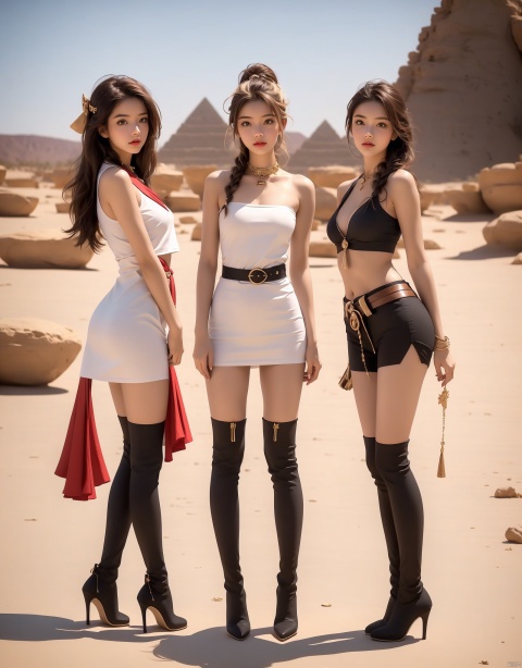 3+ girls, multiple colored hairs, random cute faces, group shot, zoom camera, 
(expression:1.0), (dynamic_pose:1.2), (action_pose:1.2), (action:1.0),
Desert Oasis Background, Ancient Egypt,lake
kandisi, (distance shot:1.5), (full_body:1.2), (full body:1.2), pyramid, (smile:1.0), long_legs, high heels, loli, kneehigh_boots, thighhigh_boots,