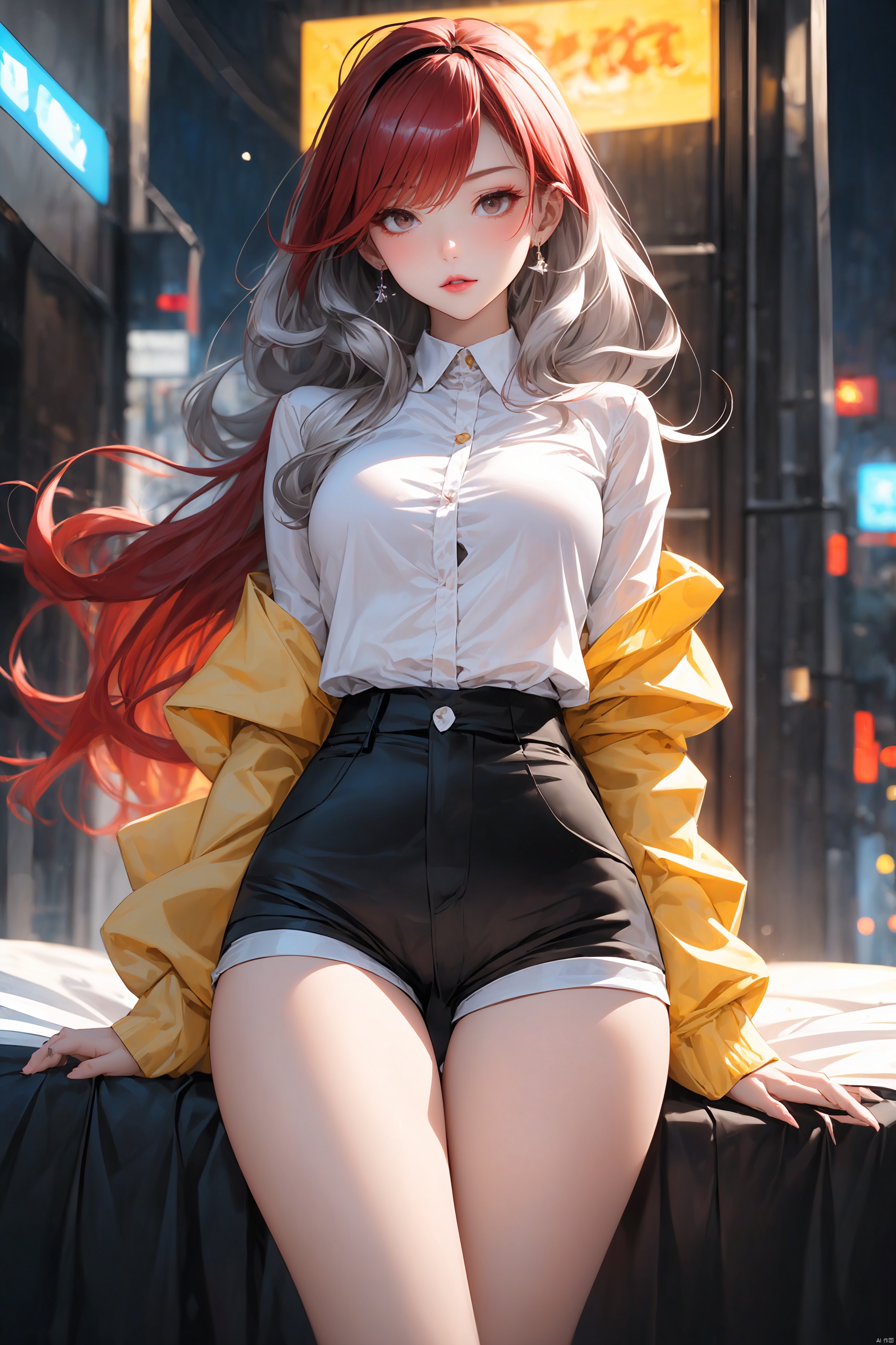  KK-Comic Style, looking at viewer,
bangs,lips, makeup, on bed,
red lips, peach blossom eye, crop_top, 
skirt, night_sky, rooftop, city, 
neon lights, highly detailed, 
ultra-high resolutions, 32K UHD,
best quality, masterpiece,
partiallysubmerged, flower, airbubble, ((poakl))

1girl\((bishoujo), (lovely face:1.4), (pure red hair:1.4), (black eyes:1.3), (papaya-shaped breasts:1.1), curly_hair, long_hair, (hair_past_waist:1.4), plump_*****, long_legs, sharp_eyelid, black eyeliner, black eyelashes, red eyeshadow, 
(perfect detailed face), (pink lipgloss:1.3), (perfect hands)\),
golden Ultra-thin transparent, (silver Ultra-thin transparent mech:1.3), (all golden color scheme:1.4), 

(short shorts:1.4),