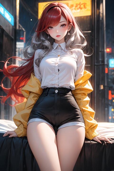  KK-Comic Style, looking at viewer,
bangs,lips, makeup, on bed,
red lips, peach blossom eye, crop_top, 
skirt, night_sky, rooftop, city, 
neon lights, highly detailed, 
ultra-high resolutions, 32K UHD,
best quality, masterpiece,
partiallysubmerged, flower, airbubble, ((poakl))

1girl\((bishoujo), (lovely face:1.4), (pure red hair:1.4), (black eyes:1.3), (papaya-shaped breasts:1.1), curly_hair, long_hair, (hair_past_waist:1.4), plump_pussy, long_legs, sharp_eyelid, black eyeliner, black eyelashes, red eyeshadow, 
(perfect detailed face), (pink lipgloss:1.3), (perfect hands)\),
golden Ultra-thin transparent, (silver Ultra-thin transparent mech:1.3), (all golden color scheme:1.4), 

(short shorts:1.4),