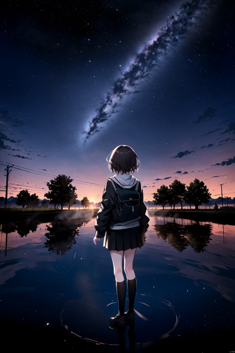  best quality, amazing quality, very aesthetic,1girl, sky, star_\(sky\), solo, skirt, cloud, socks, starry_sky, school_uniform, outstretched_arms, outdoors, short_hair, kneehighs, scenery, long_sleeves, from_behind, jacket, black_socks, spread_arms, pleated_skirt, reflection, brown_hair, building, tree, facing_away, black_jacket, floating, blazer, black_skirt, night, no_shoes, black_hair