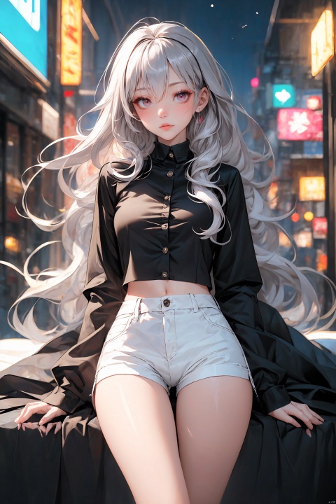 KK-Comic Style, looking at viewer,
bangs,lips, makeup, on bed,
red lips, peach blossom eye, crop_top, 
skirt, night_sky, rooftop, city, 
neon lights, highly detailed, 
ultra-high resolutions, 32K UHD,
best quality, masterpiece,
partiallysubmerged, flower, airbubble, ((poakl))

1girl\((bishoujo), (lovely face:1.4), (pure silver hair:1.3), (silver eyes:1.3), (small breast:1.2), (straight_hair:1.4), long_hair, (very_long_hair:1.3), anime_hair, slim, long_legs, sharp_eyelid, eyeliner, eyelashes, eyeshadow,
 (perfect detailed face), (pink lipgloss:1.3), (perfect hands)\),
silver Ultra-thin transparent, (black Ultra-thin transparent mech:1.3), (all white color scheme:1.4),

(short shorts:1.4),