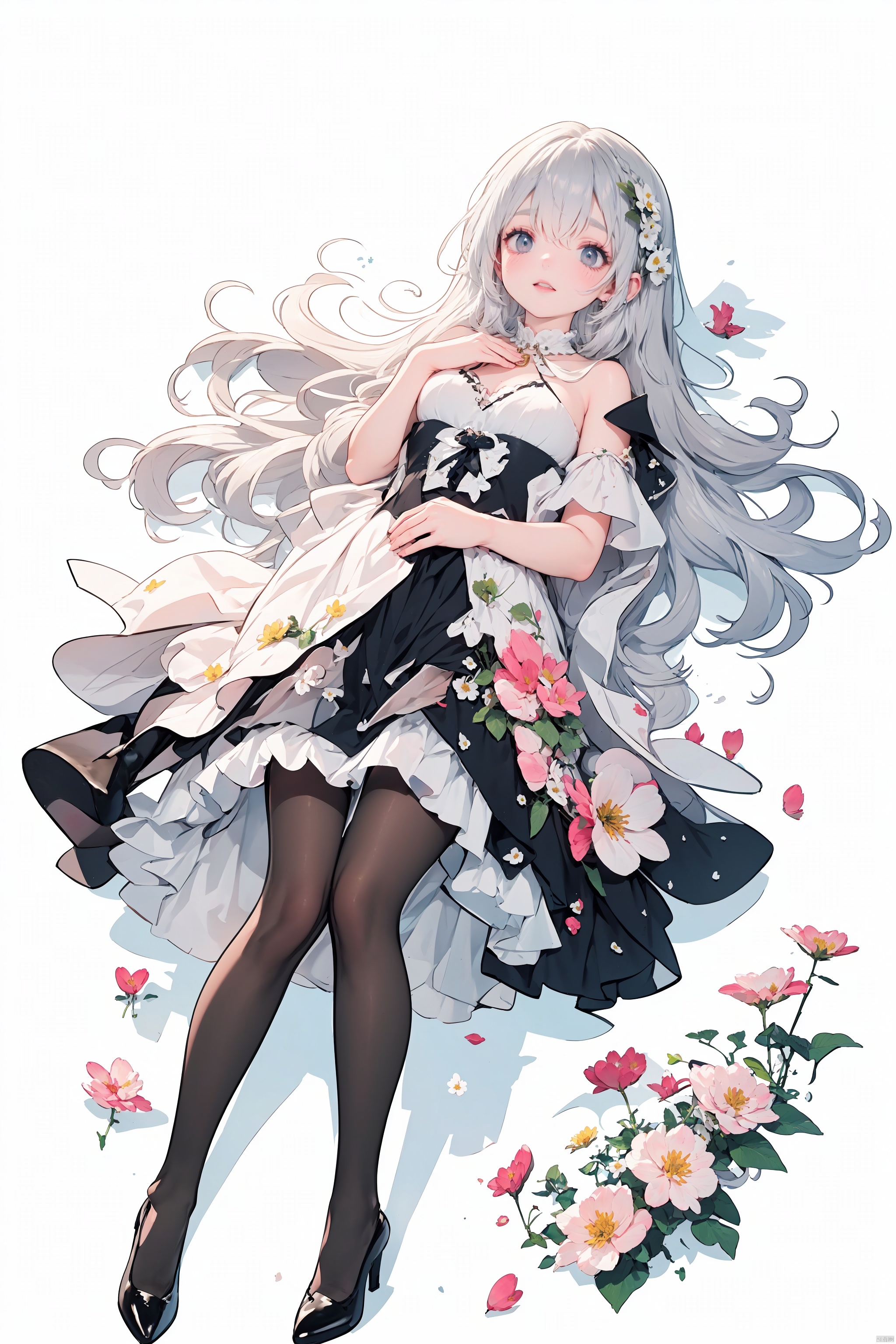  (Shoulder_armor:1.3), (skirt:1.2), Earrings, 
(wearing pointy_high-heeled_shoes:1.3), (pantyhose:1.3), 
(curvy:1.2), (skinny:1.2), (silvery hair:1.2), (long hair), 
(black_eyes, Beautiful and delicate eyes),
(flower hair clip:1.3), (Floral ornament:1.1), 
(masterpiece:1.2),
(solo:1.2), full_shot, fullbody, full_body, intricate detail, ultra-detailed, 
an extremely delicate and beautiful, best quality, watercolorbg, soft, anime style, key visual, vibrant, studio anime, highly detailed,
(Princess costume:1.2),

palace, palace complex, palatial architecture, 
seraglio, 

multiple colored hairs, sweet princess, random cute faces, super happy smiling, group shot, zoom camera, (close eyes:1.2),
(lolita_fashion), (dynamic_pose:1.2), 
((1girl)), full_body, from_above, lying, knees_together_feet_apart, looking_at_viewer, small_breasts, long_hair, lolita_fashion, ribbon, foot focus, White pantyhose, (lying on back:1.3), 




