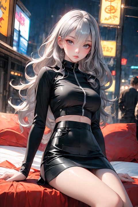  KK-Comic Style, looking at viewer,
bangs,lips, makeup, on bed,
red lips, peach blossom eye, crop_top, 
skirt, night_sky, rooftop, city, 
neon lights, highly detailed, 
ultra-high resolutions, 32K UHD,
best quality, masterpiece,
partiallysubmerged, flower, airbubble, ((poakl))

1girl\((bishoujo), (lovely face:1.4), (pure black hair:1.3), (black eyes:1.3), (small breast:1.0), (straight_hair:1.4), long_hair, (very_long_hair:1.3), anime_hair, slim, sharp_eyelid, eyeliner, eyelashes, eyeshadow, 
(perfect detailed face), (pink lipgloss:1.3), long_legs\),
black Ultra-thin transparent, (silver Ultra-thin transparent mech:1.3), (all black color scheme:1.4), 
(miniskirt:1.4),